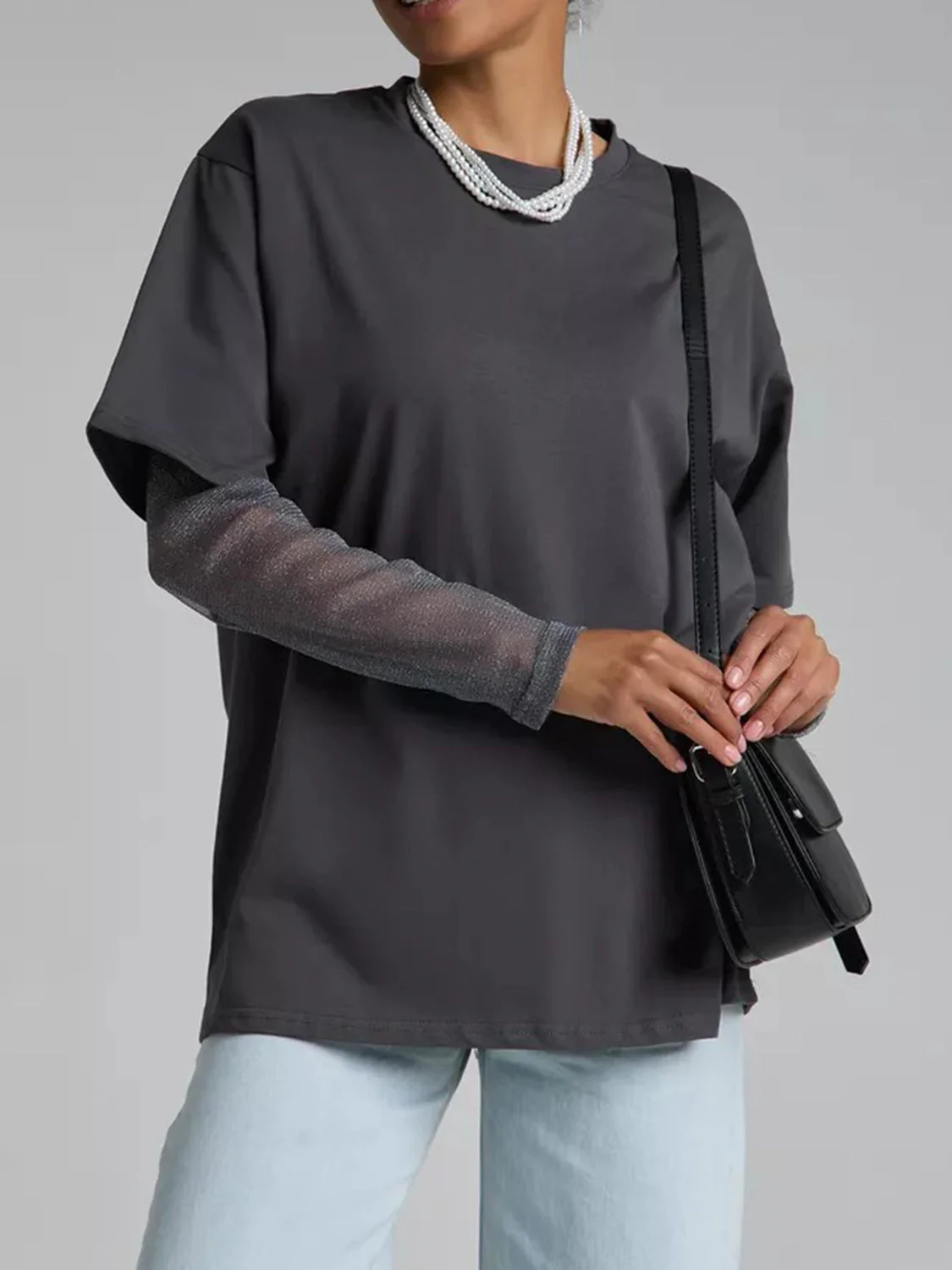 Faux Layered Round Neck Mesh Sleeve Top - Image 4