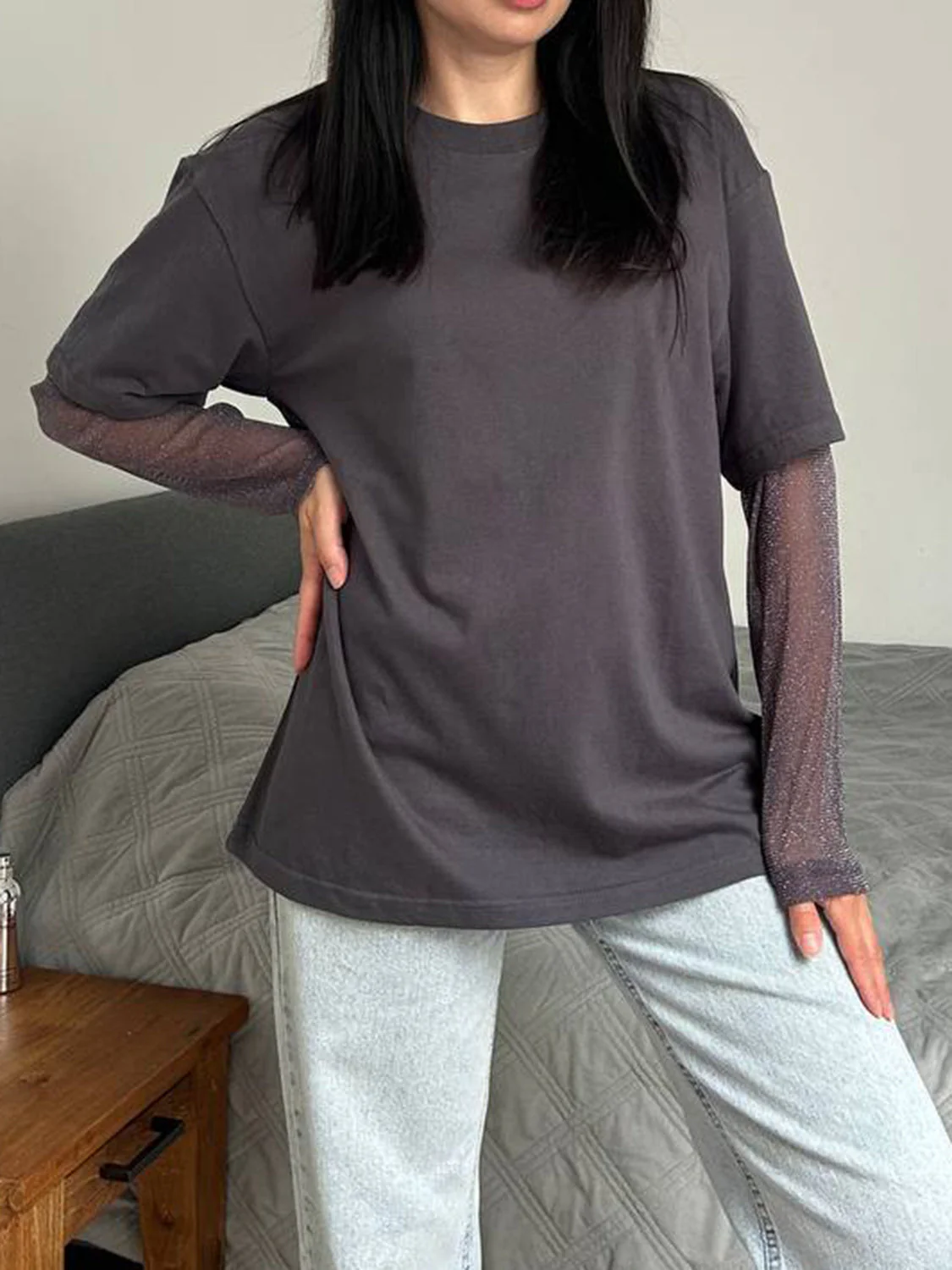 Faux Layered Round Neck Mesh Sleeve Top - Image 5