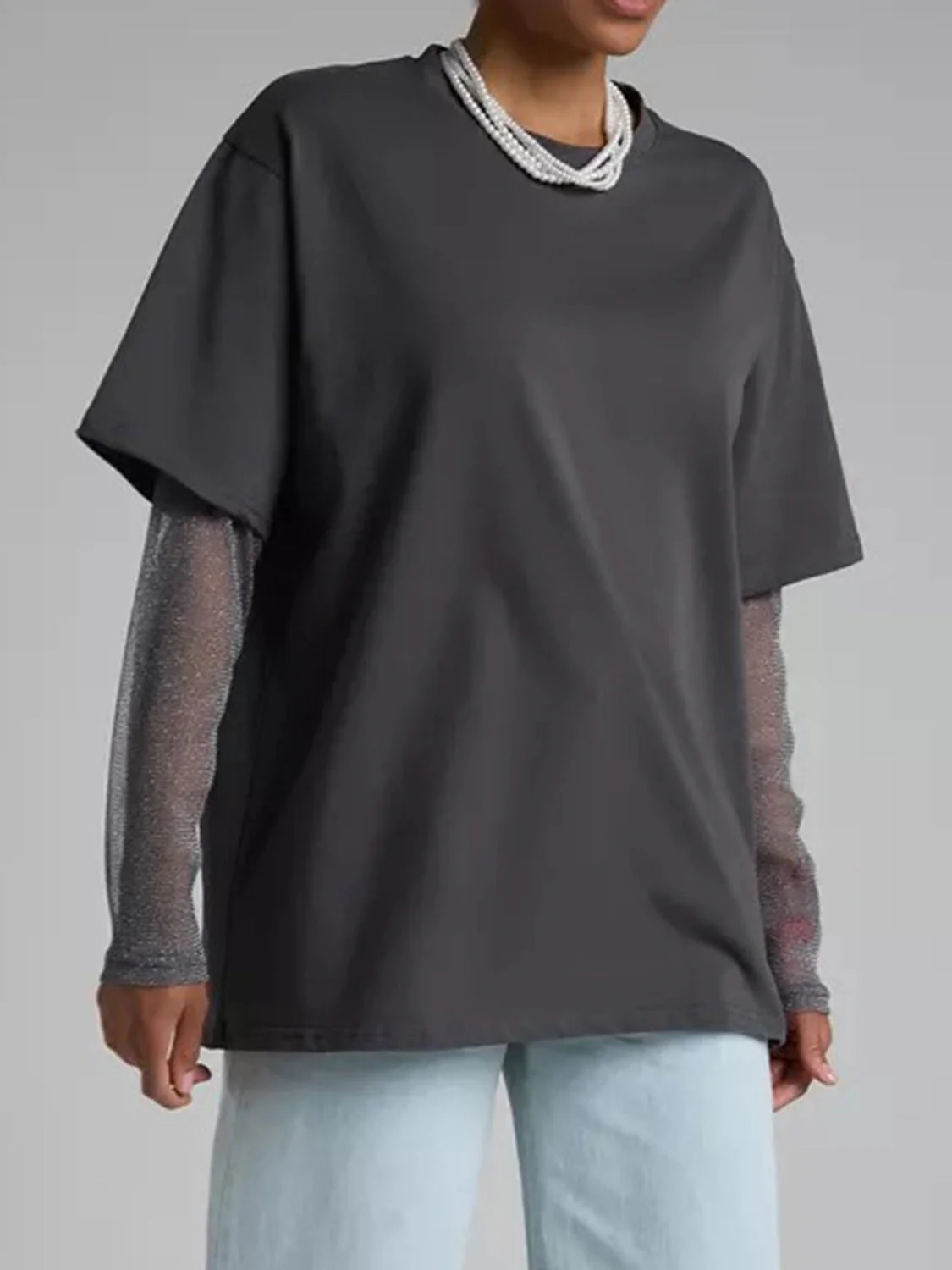 Faux Layered Round Neck Mesh Sleeve Top - Image 6