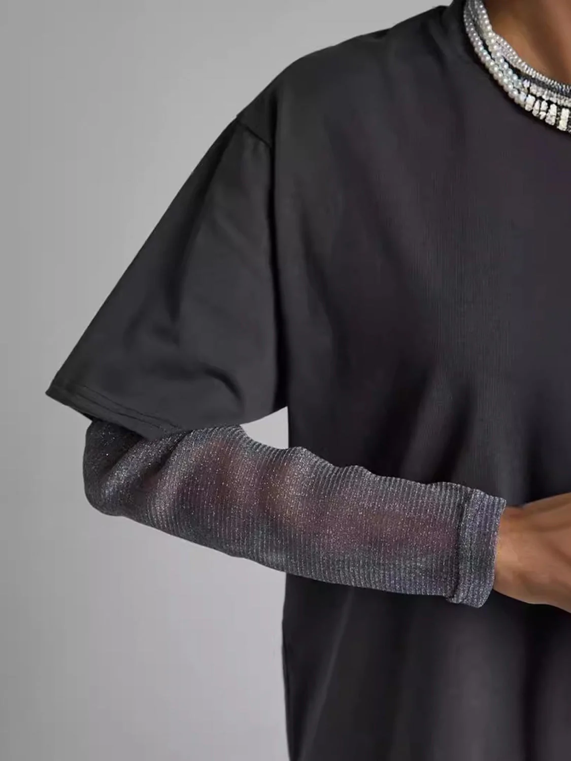 Faux Layered Round Neck Mesh Sleeve Top - Image 7