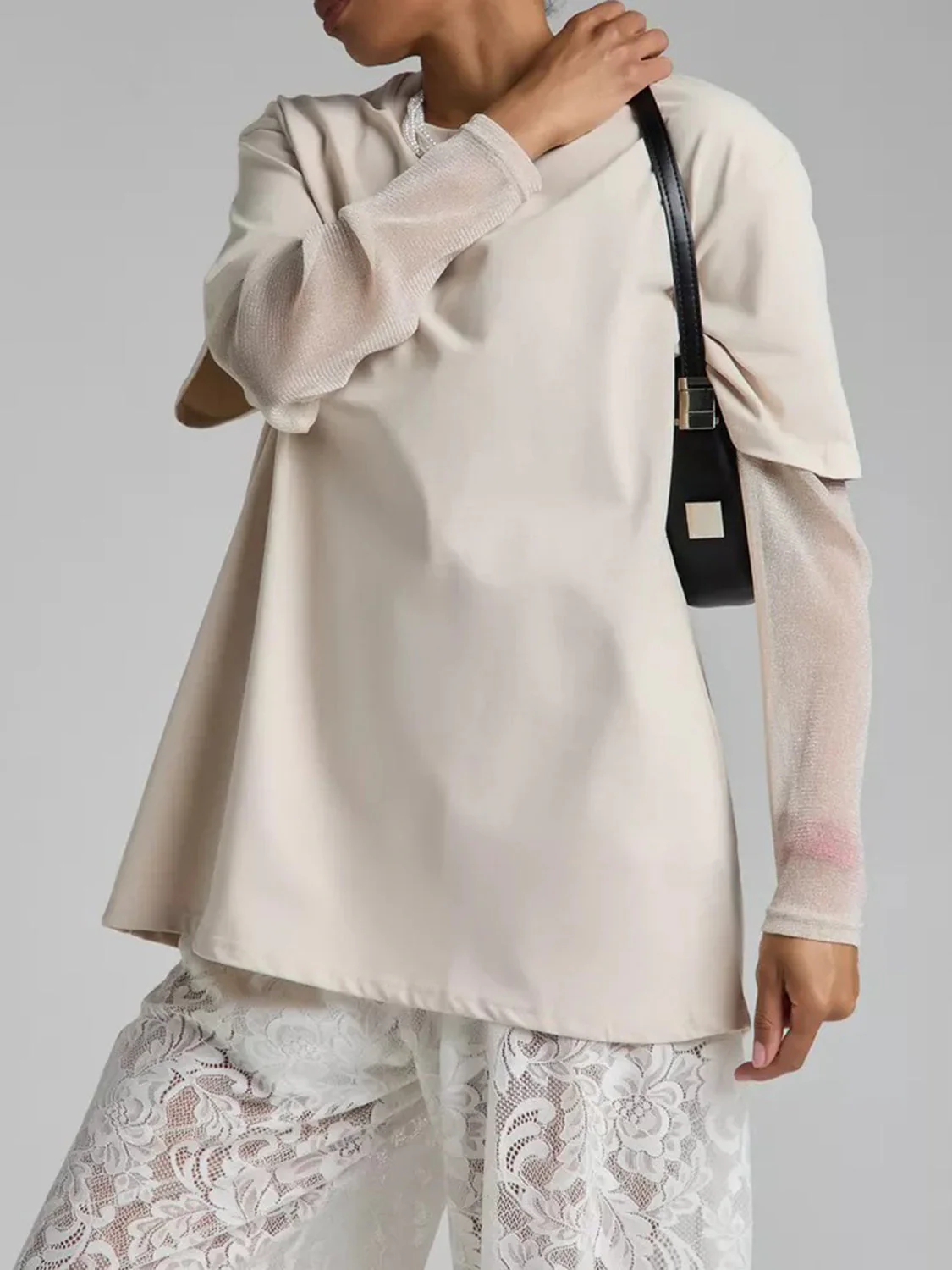Faux Layered Round Neck Mesh Sleeve Top - Image 8
