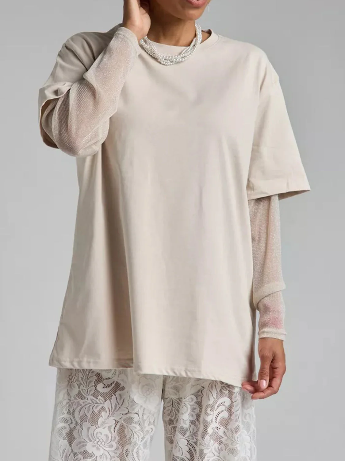 Faux Layered Round Neck Mesh Sleeve Top - Image 9