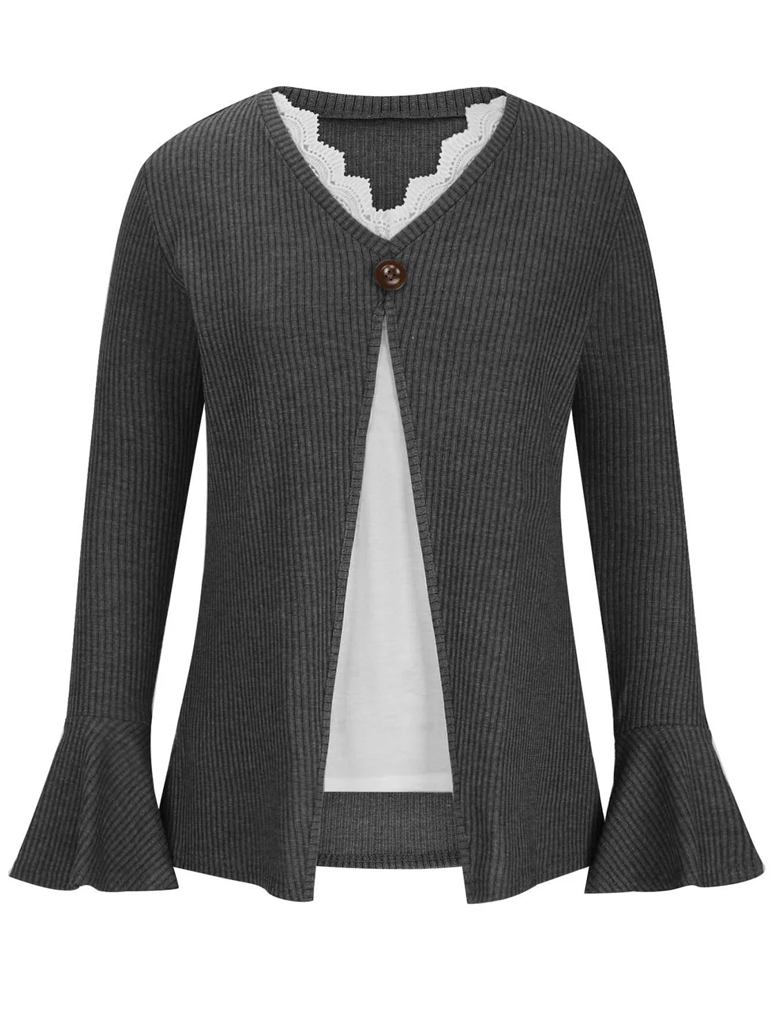 Faux Layered V-Neck Long Sleeve T-Shirt - Image 2