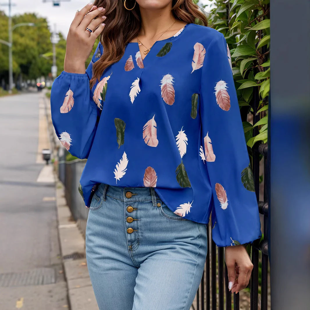 Feather Print Notched Balloon Sleeve Top - Image 15