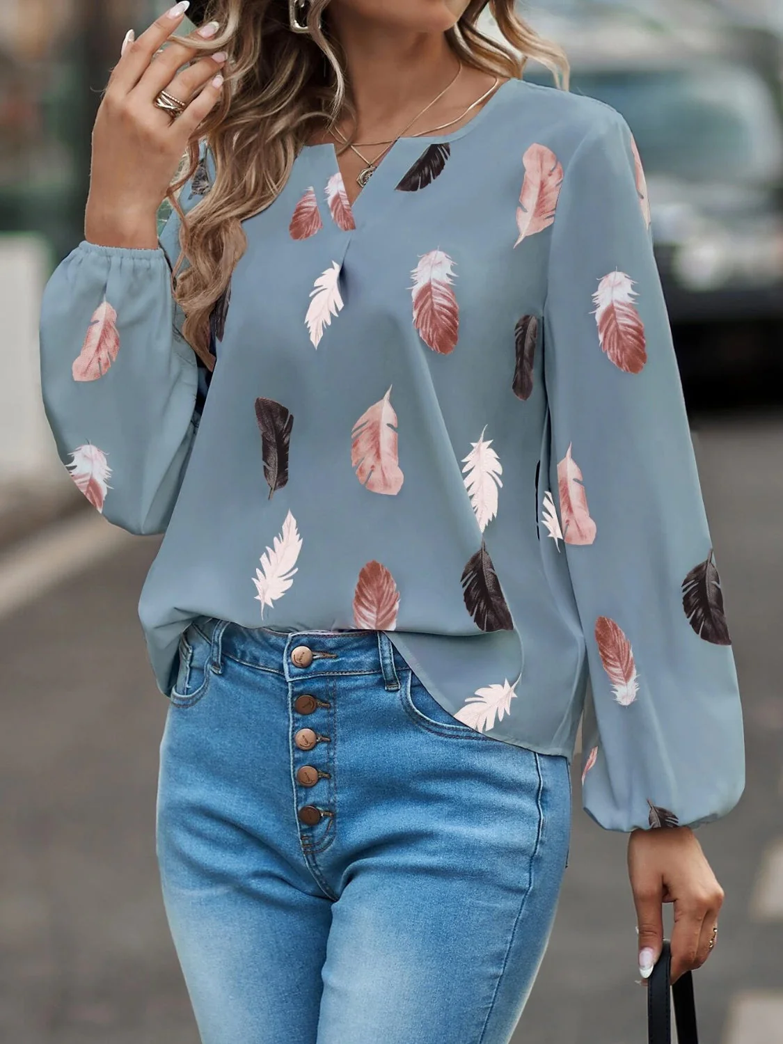 Feather Print Notched Balloon Sleeve Top - Image 18