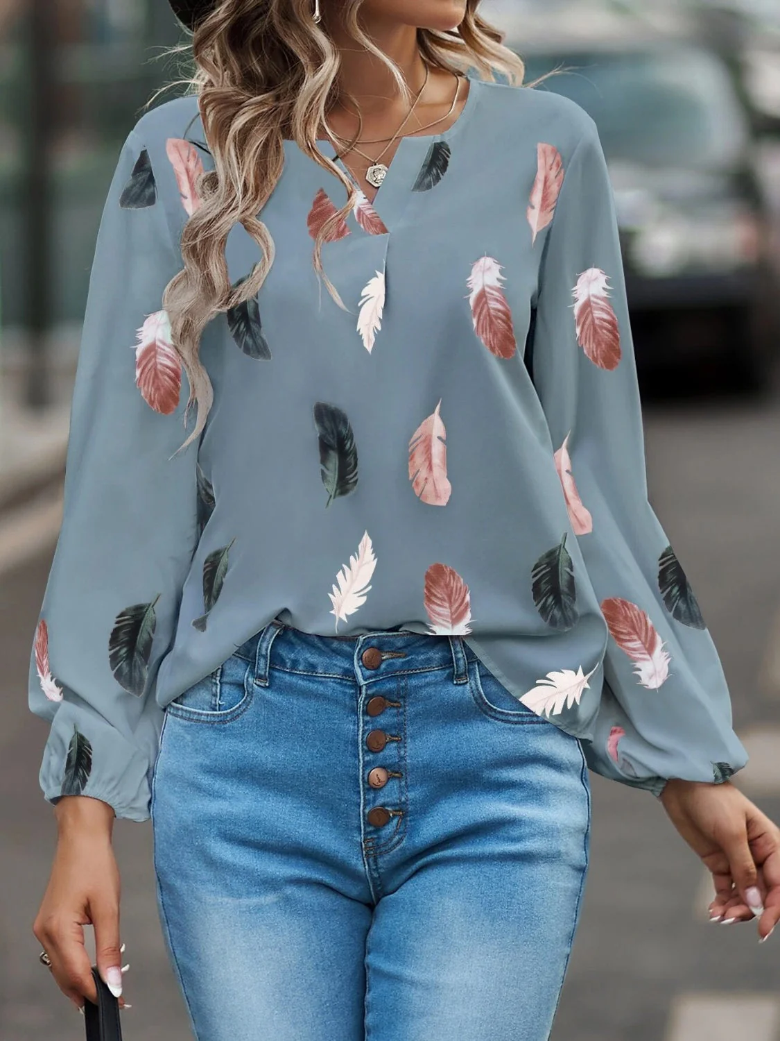Feather Print Notched Balloon Sleeve Top - Image 22