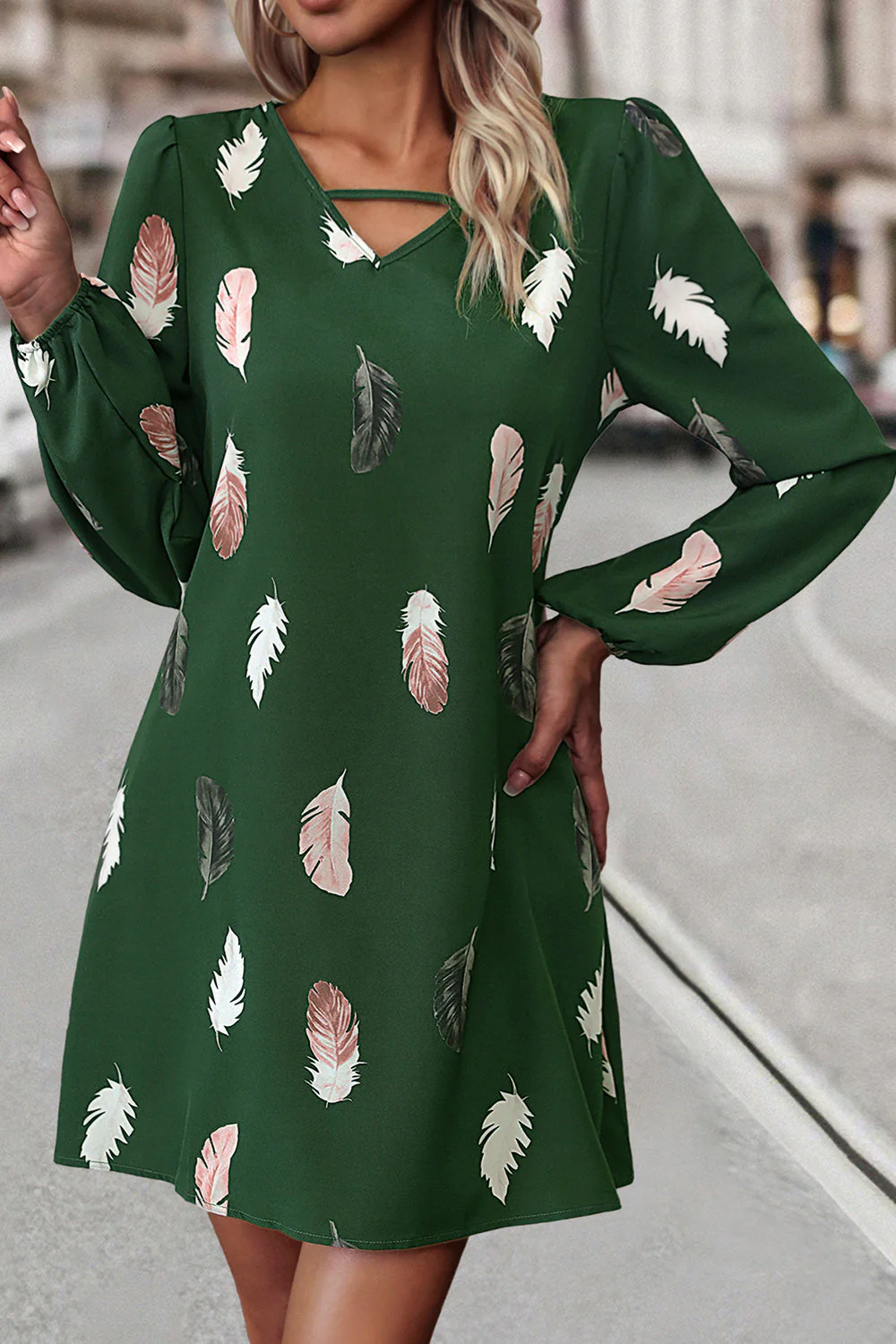 Feather Print V-Neck Dress - Image 5