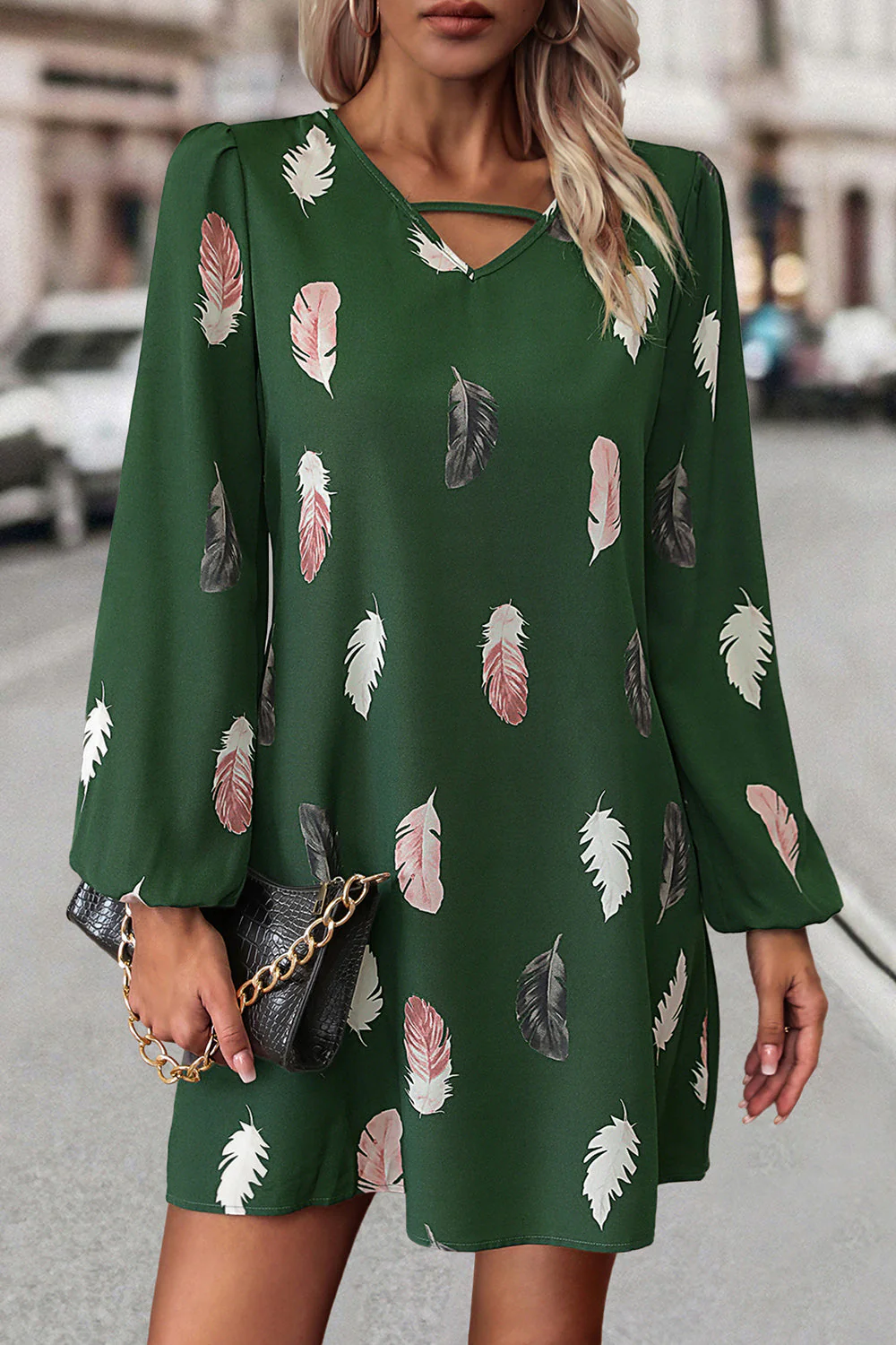 Feather Print V-Neck Dress - Image 6