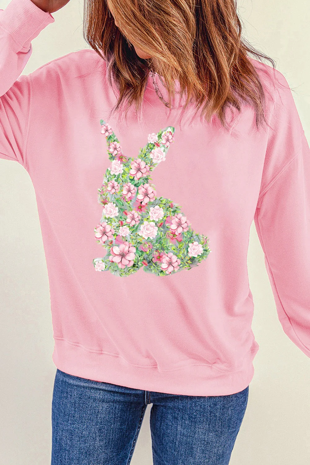 Floral Bunny Round Neck Long Sleeve Sweatshirt - Image 3