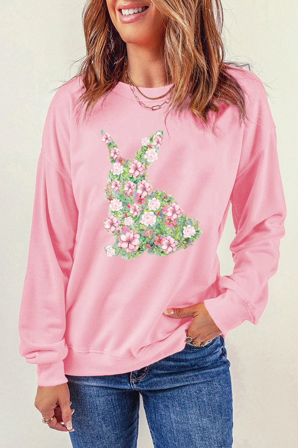Floral Bunny Round Neck Long Sleeve Sweatshirt - Image 4