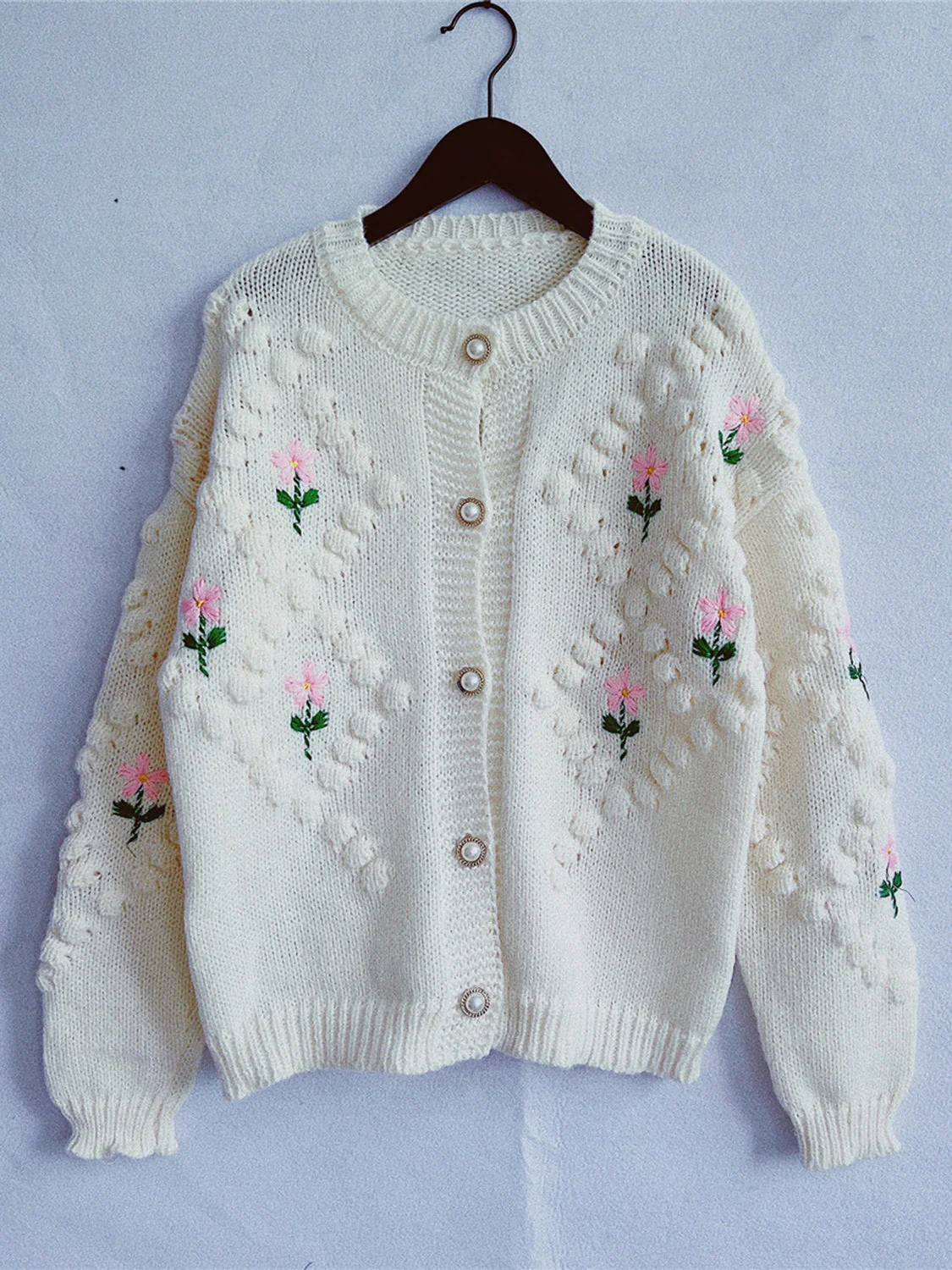 Floral Button Up Round Neck Long Sleeve Cardigan - Image 2