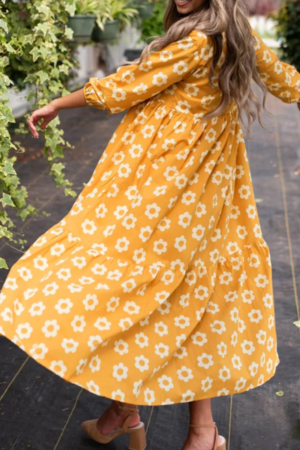 Floral Collared Neck Three-Quarter Sleeve Dress - Image 2