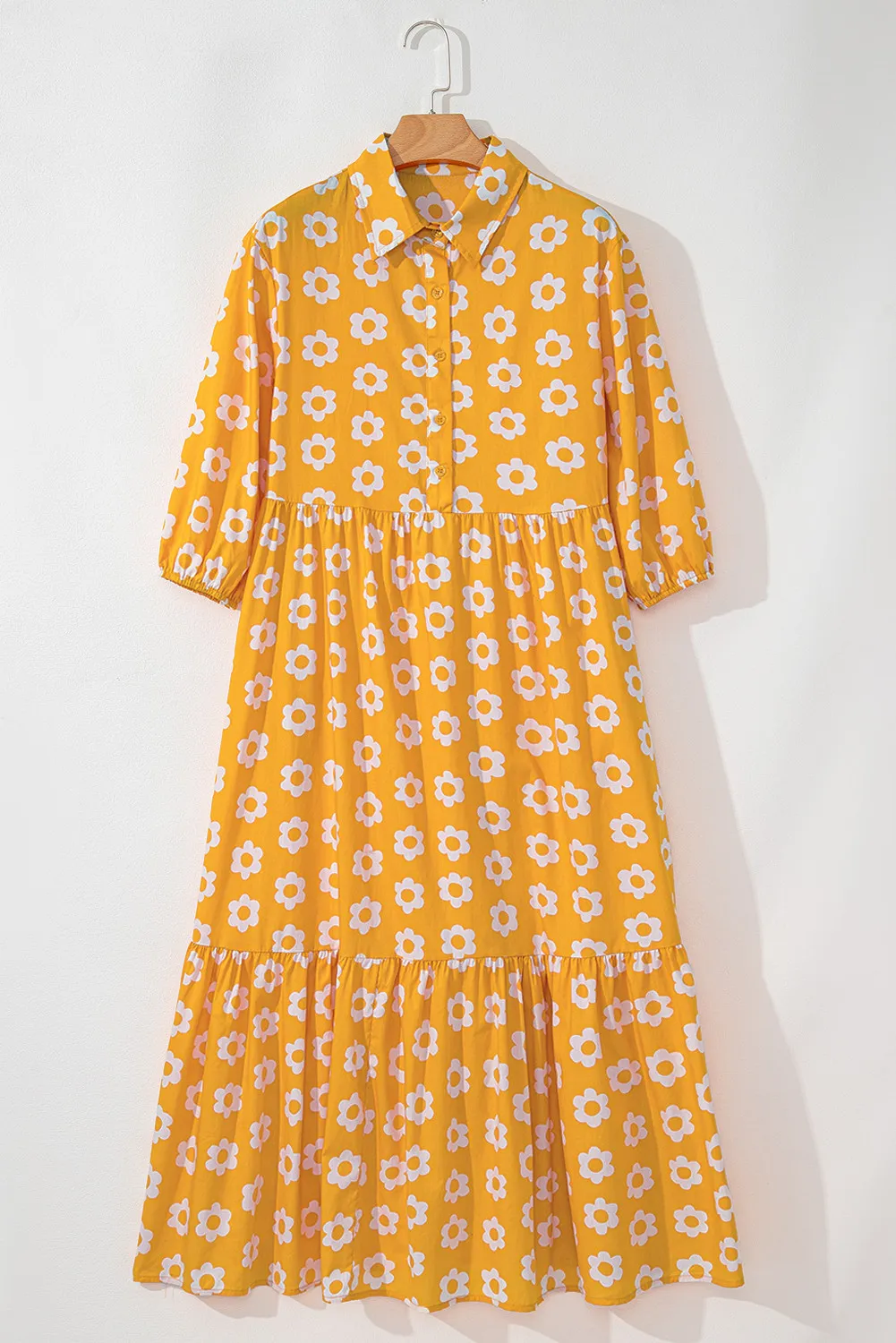 Floral Collared Neck Three-Quarter Sleeve Dress - Image 3