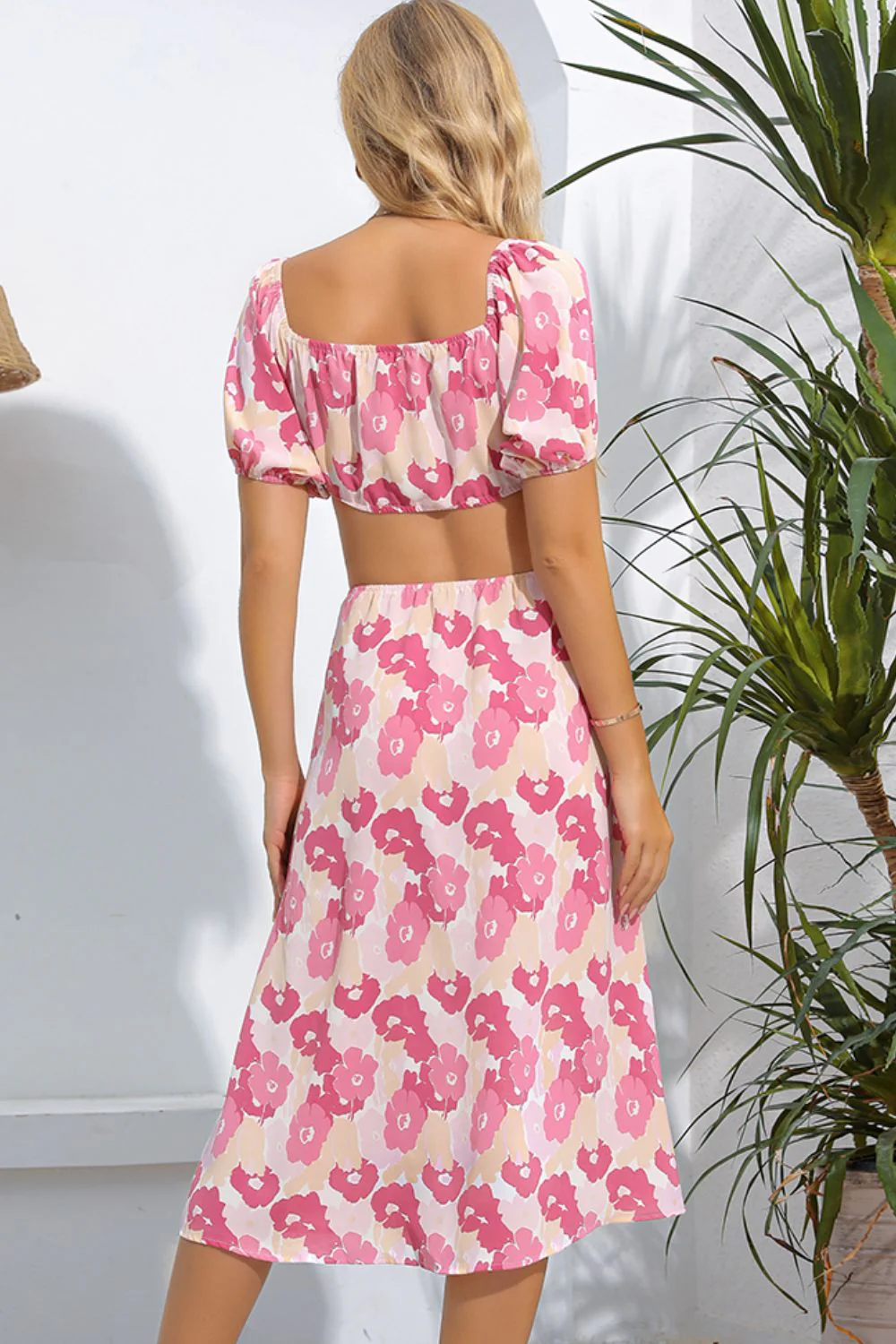 Floral Cutout Square Neck Puff Sleeve Dress - Image 2