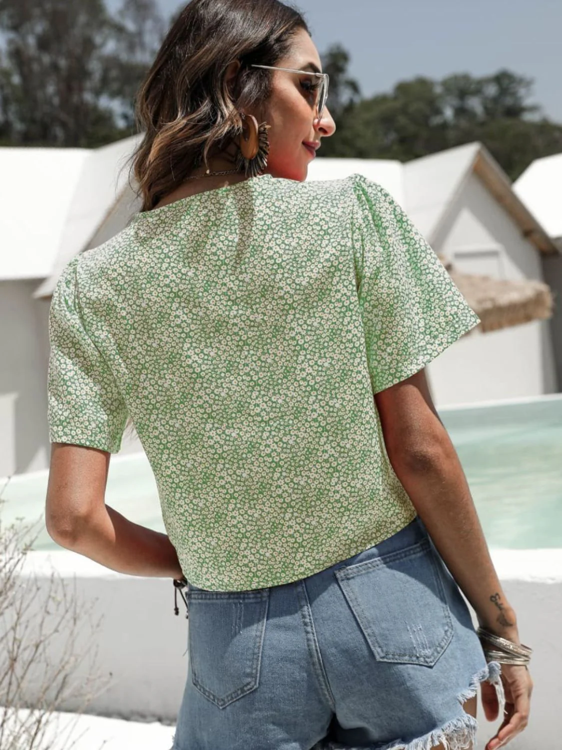 Floral Drawstring Deep V Cropped Blouse - Image 2