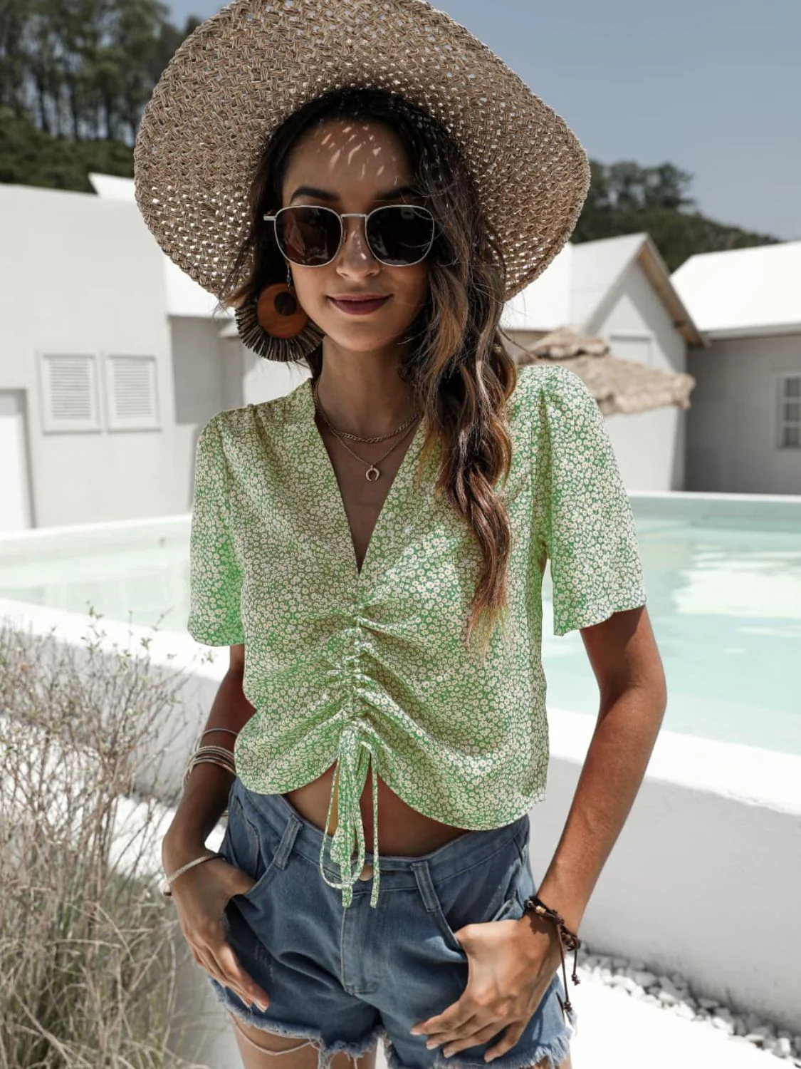 Floral Drawstring Deep V Cropped Blouse - Image 3