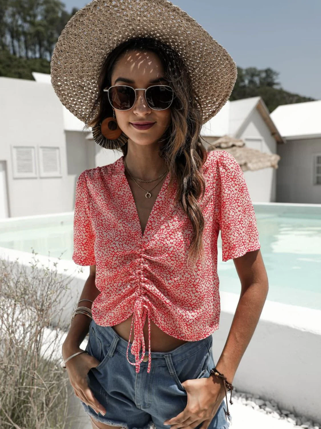 Floral Drawstring Deep V Cropped Blouse - Image 5