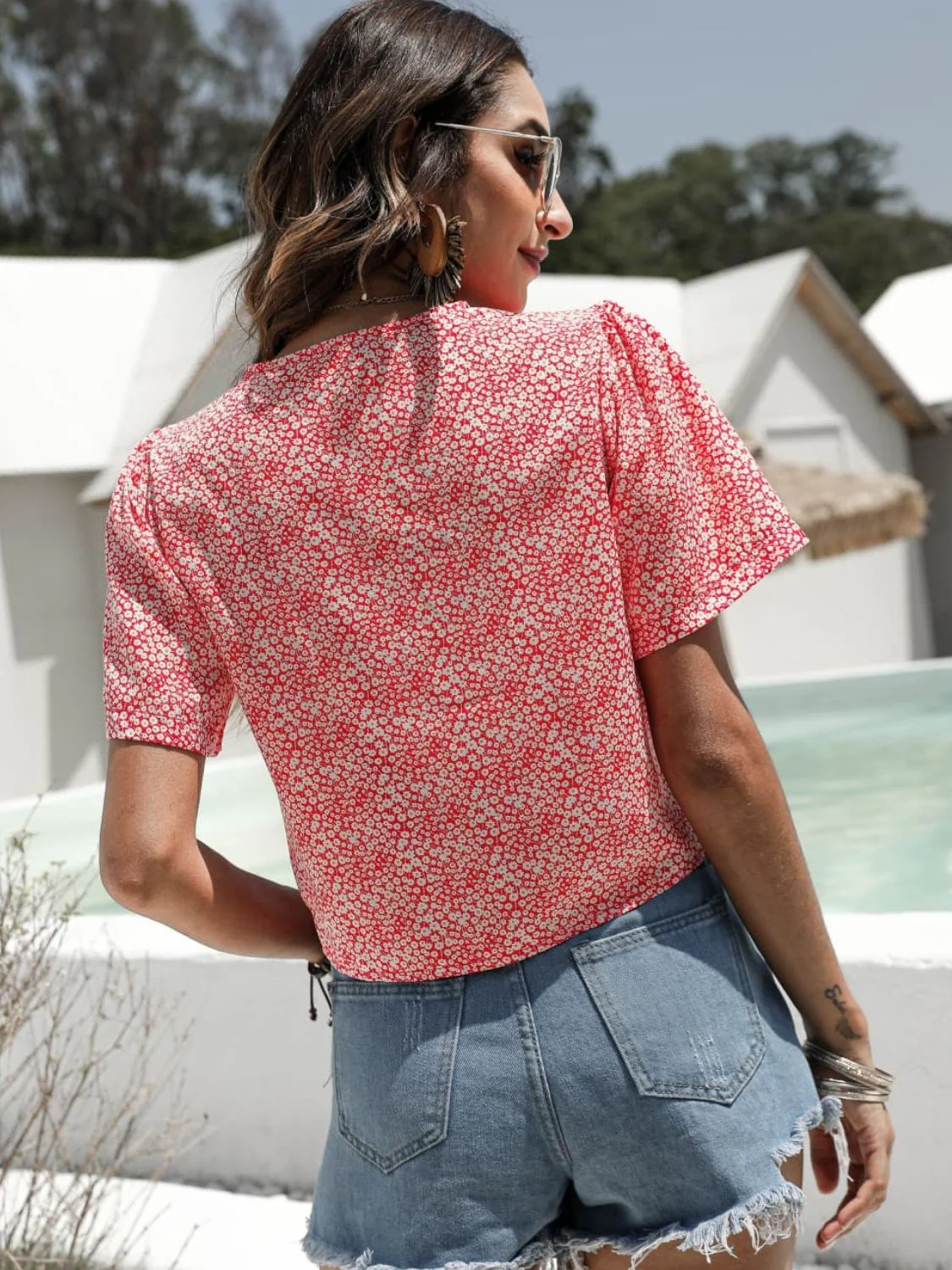 Floral Drawstring Deep V Cropped Blouse - Image 6