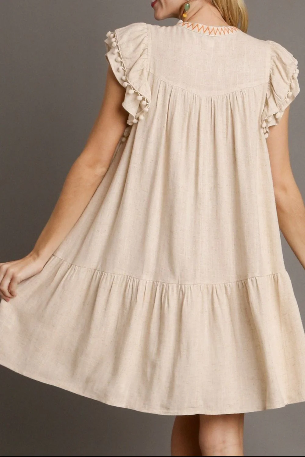 Floral Embroidery Pom Pom Ruffle Sleeves Mini Dress - Image 2