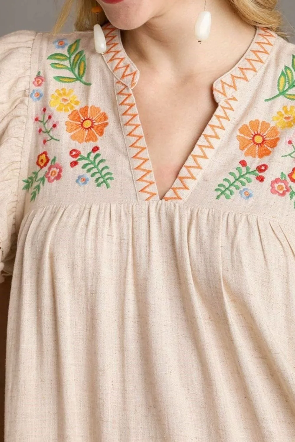 Floral Embroidery Pom Pom Ruffle Sleeves Mini Dress - Image 3