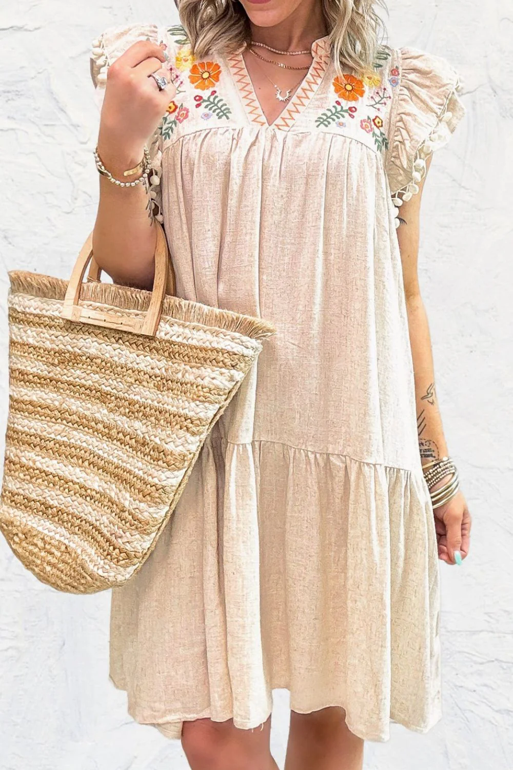 Floral Embroidery Pom Pom Ruffle Sleeves Mini Dress - Image 4