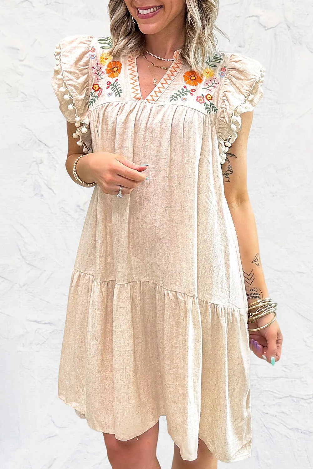 Floral Embroidery Pom Pom Ruffle Sleeves Mini Dress - Image 5