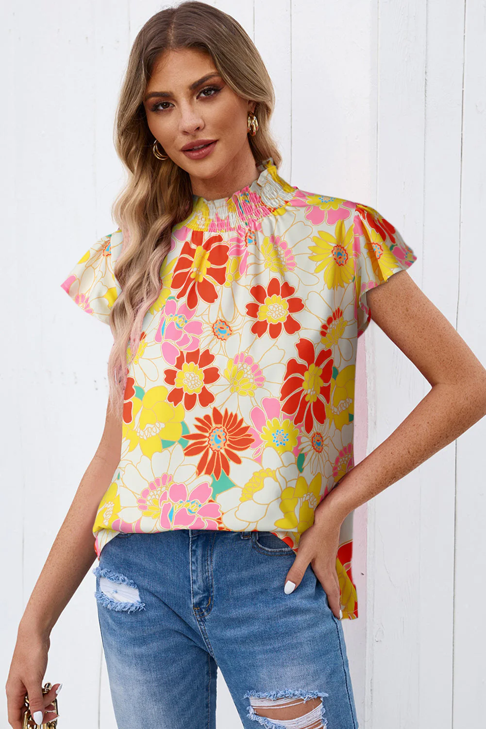 Floral Frill Neck Smocked Flutter Sleeve Blouse - Image 2