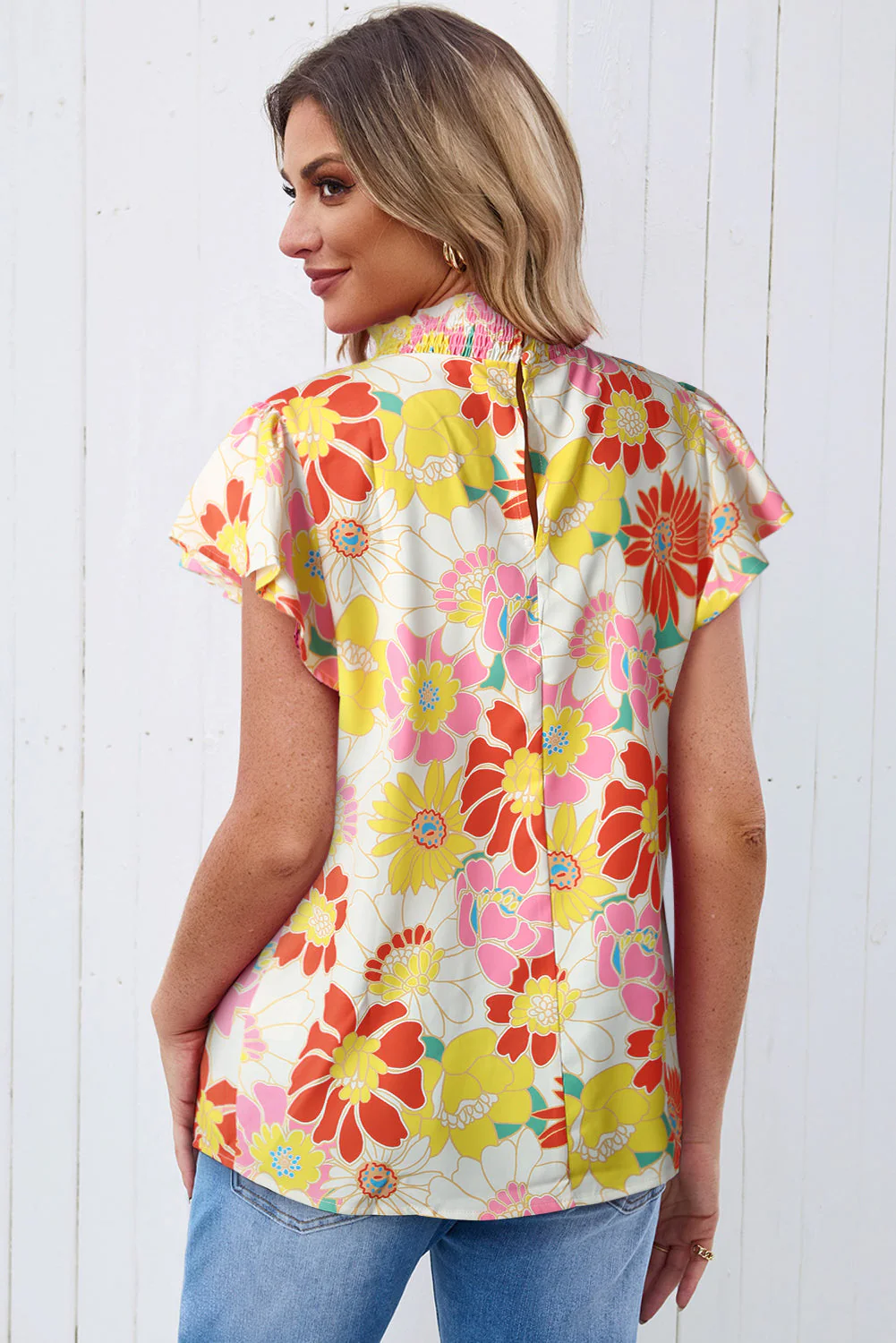 Floral Frill Neck Smocked Flutter Sleeve Blouse - Image 3