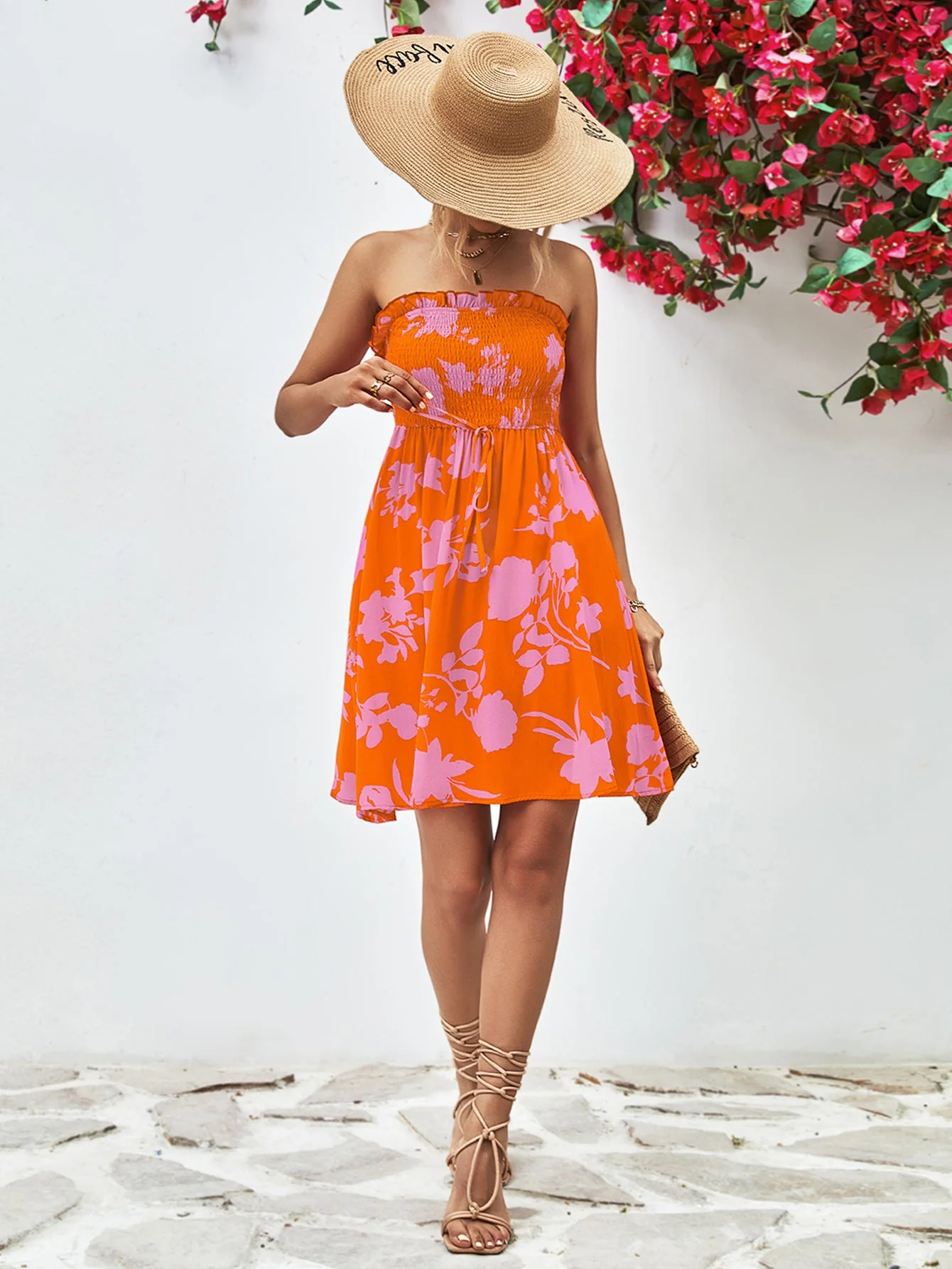 Floral Frill Trim Strapless Smocked Dress - Image 10