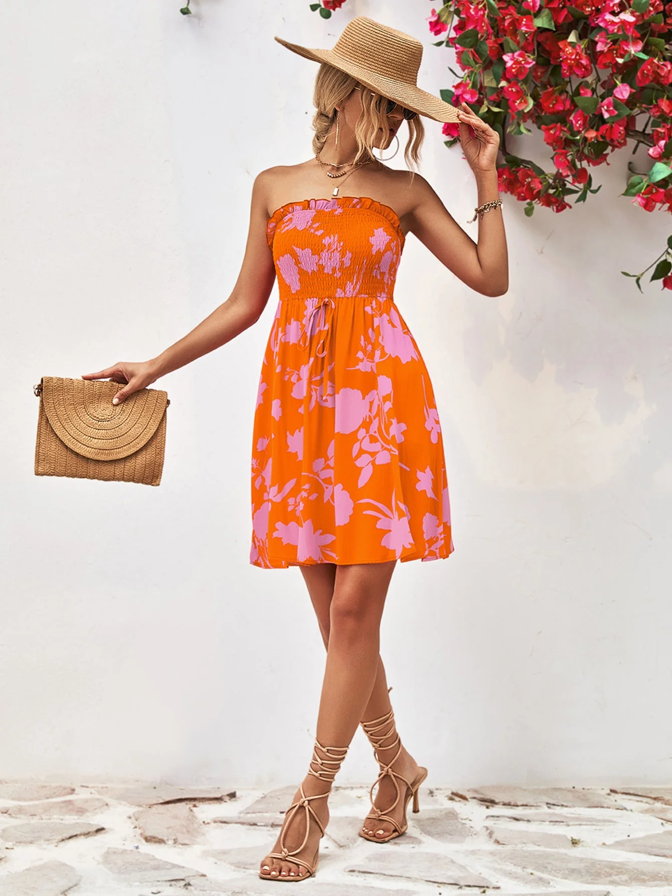 Floral Frill Trim Strapless Smocked Dress - Image 11