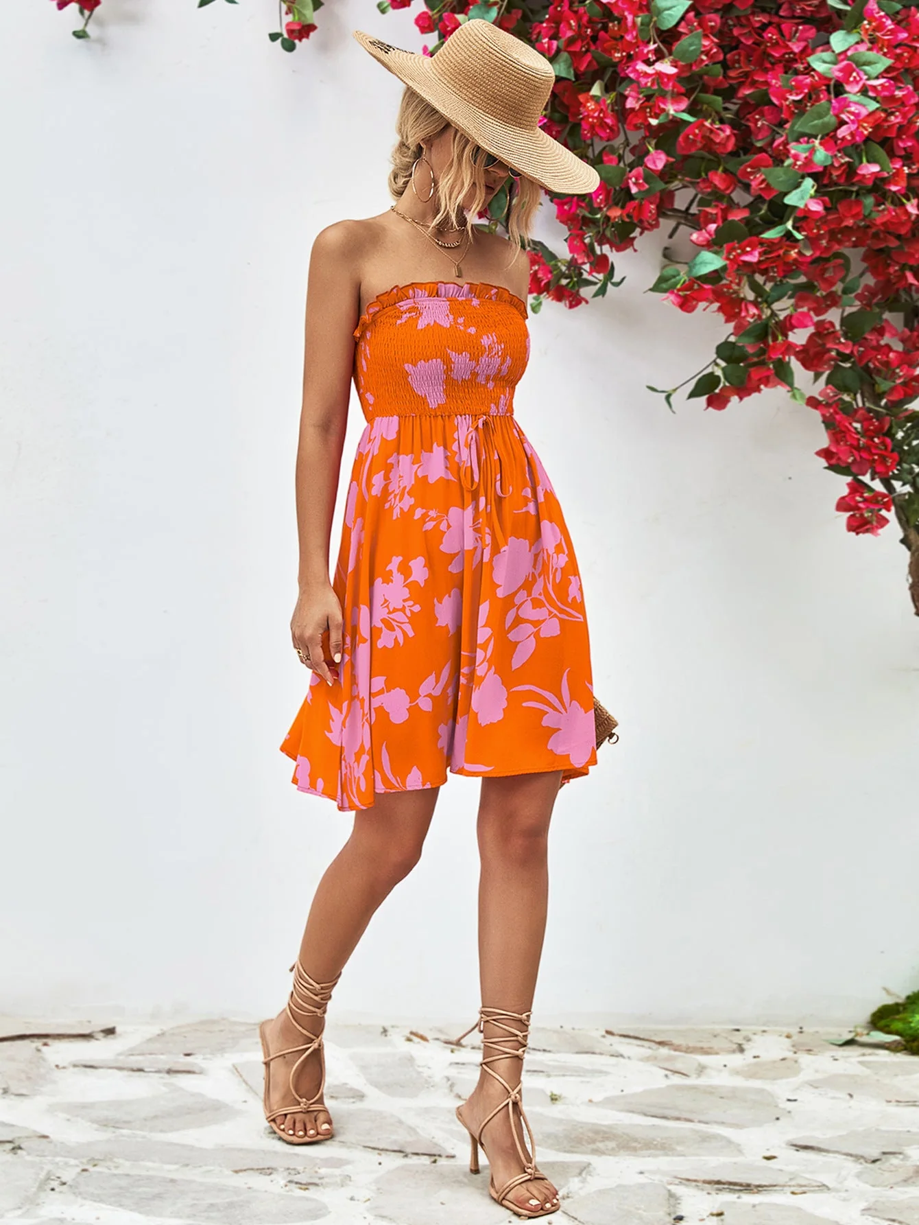 Floral Frill Trim Strapless Smocked Dress - Image 12
