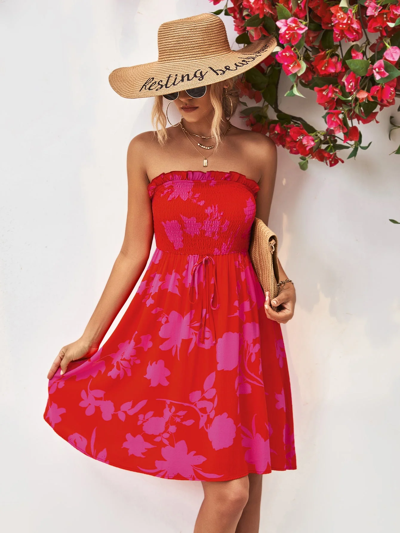Floral Frill Trim Strapless Smocked Dress - Image 3