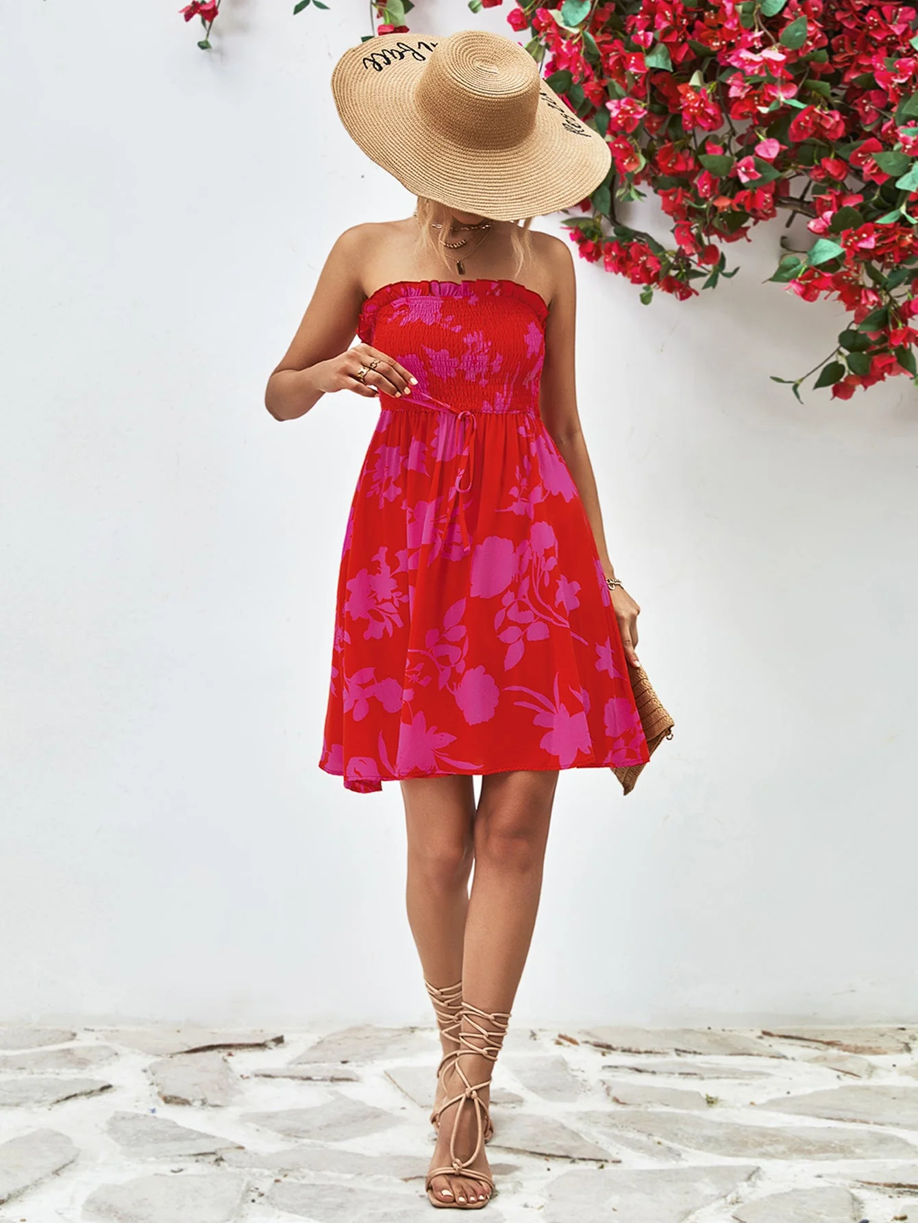 Floral Frill Trim Strapless Smocked Dress - Image 4