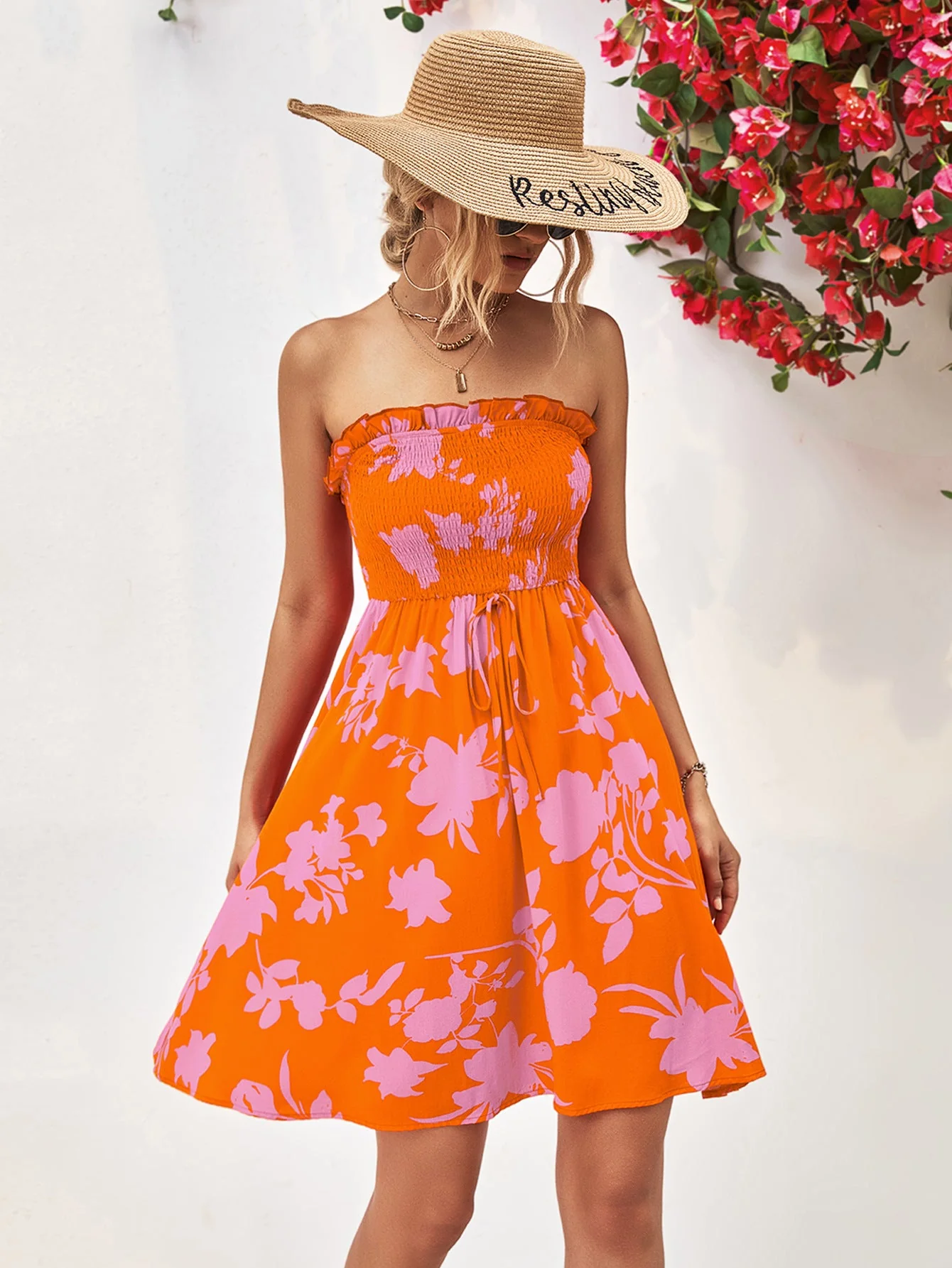 Floral Frill Trim Strapless Smocked Dress - Image 7