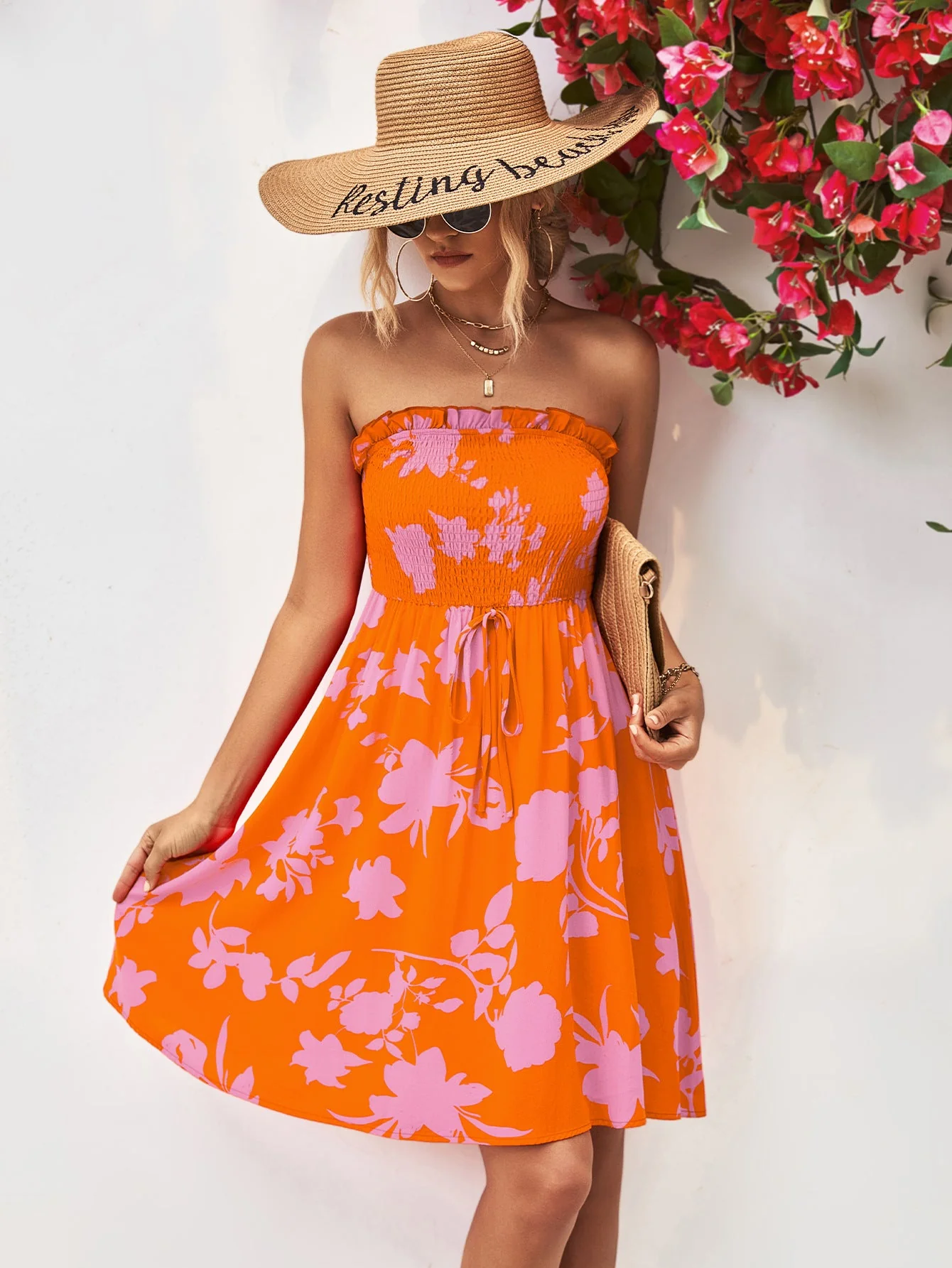 Floral Frill Trim Strapless Smocked Dress - Image 8