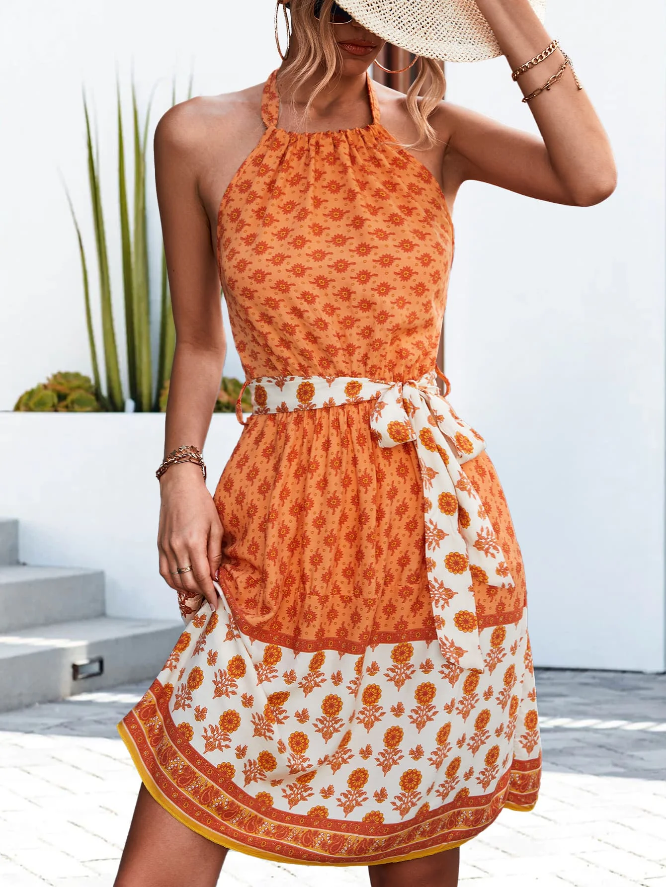 Floral Halter Neck Tie Waist Dress - Image 4