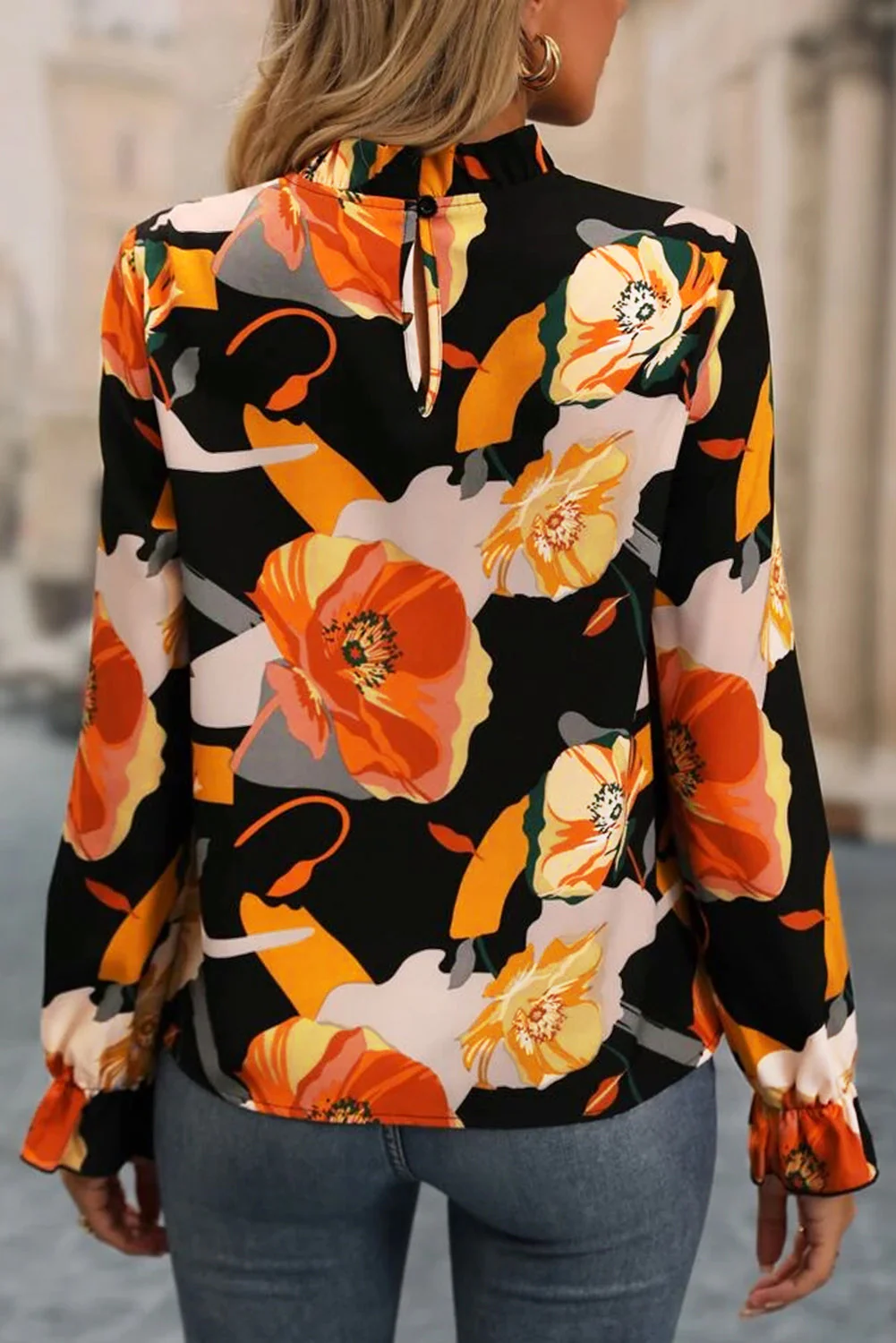 Floral Mock Neck Flounce Sleeve Blouse - Image 2