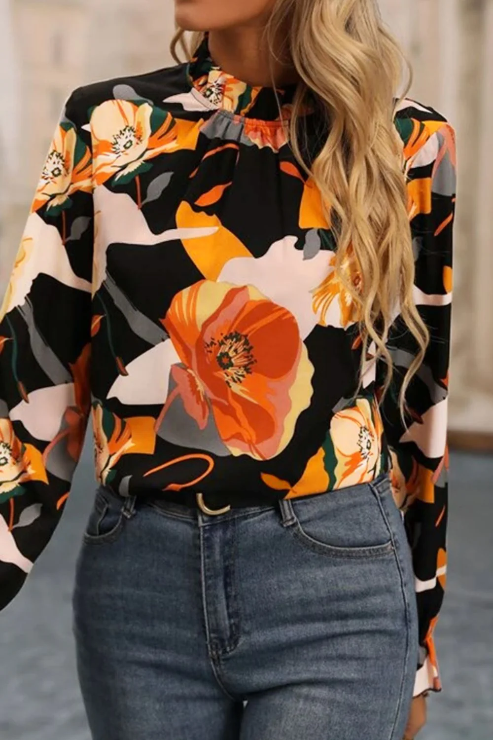 Floral Mock Neck Flounce Sleeve Blouse - Image 3