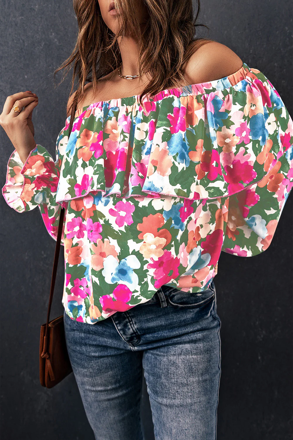 Floral Off-Shoulder Flounce Sleeve Layered Blouse - Image 2