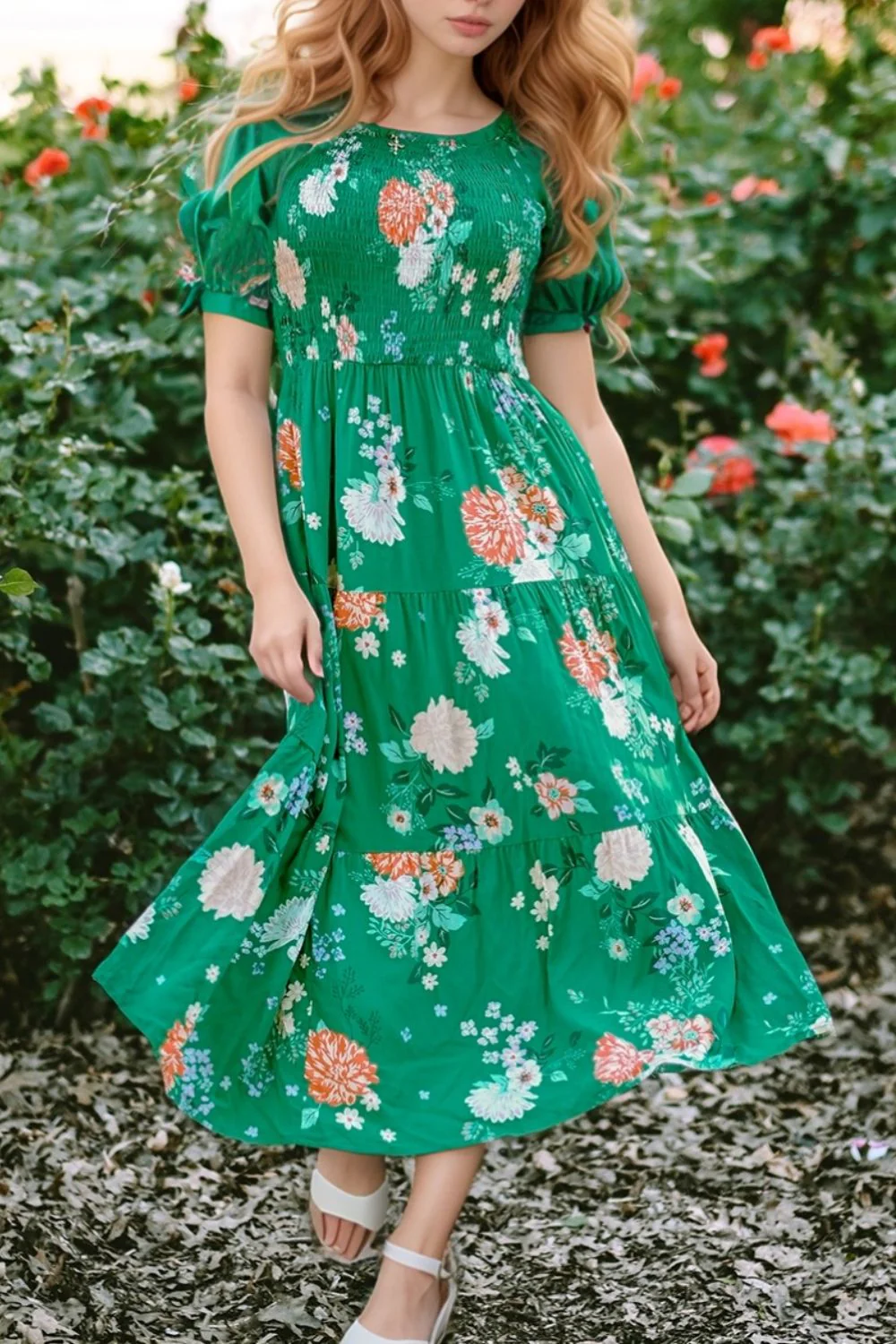 Floral Print Bubble Sleeve Smocked Tiered Midi Dress - Image 2