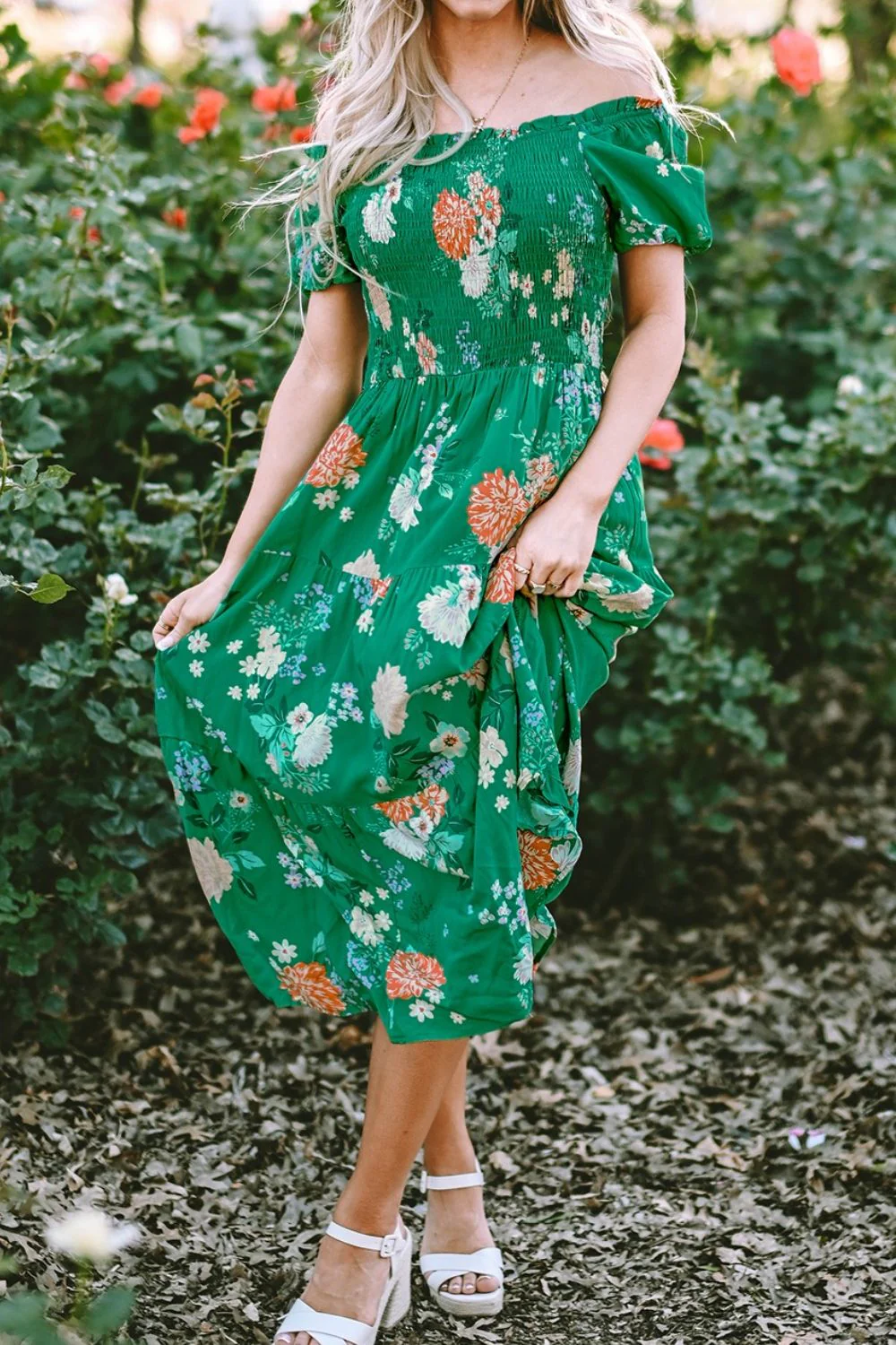 Floral Print Bubble Sleeve Smocked Tiered Midi Dress - Image 3
