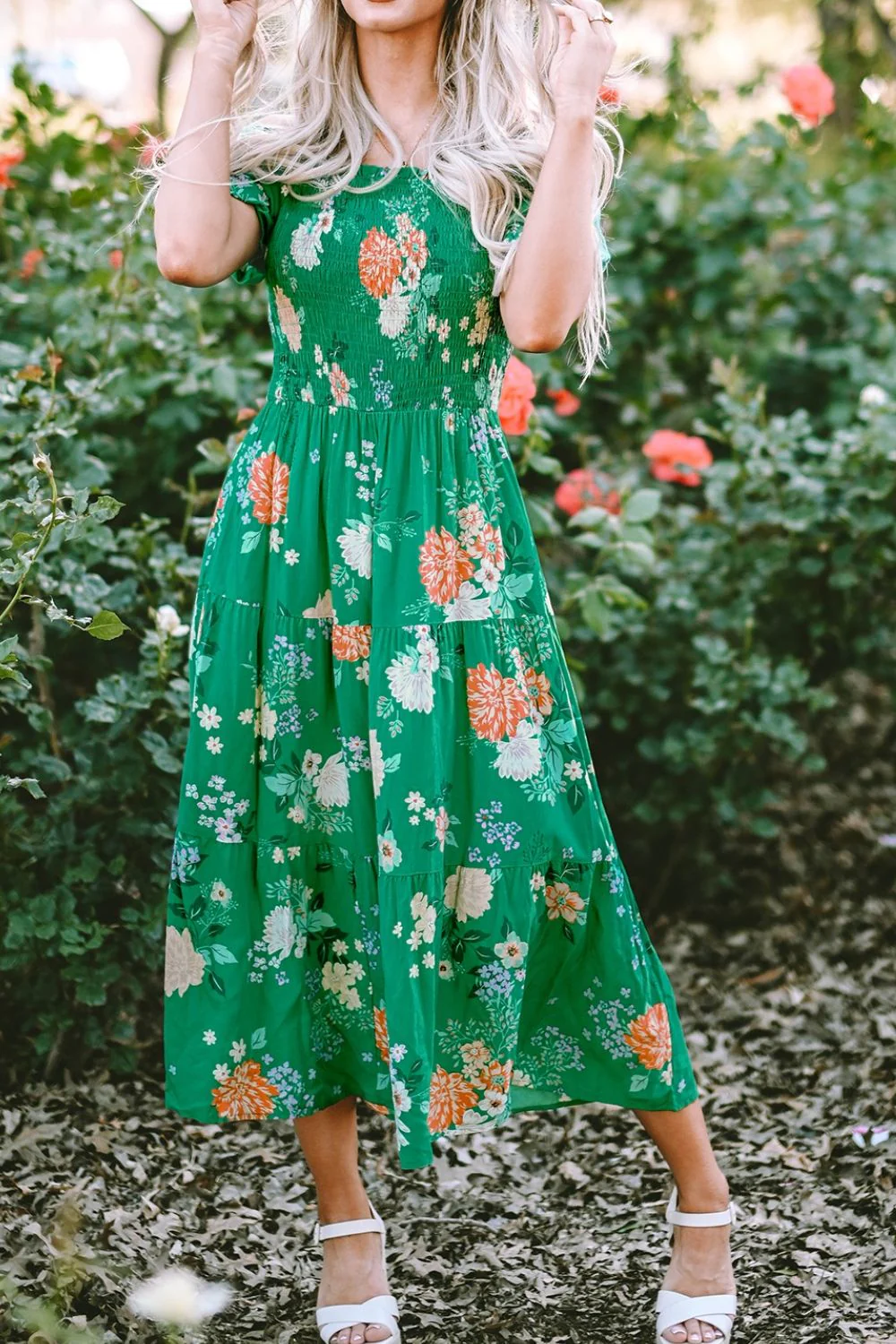 Floral Print Bubble Sleeve Smocked Tiered Midi Dress - Image 4