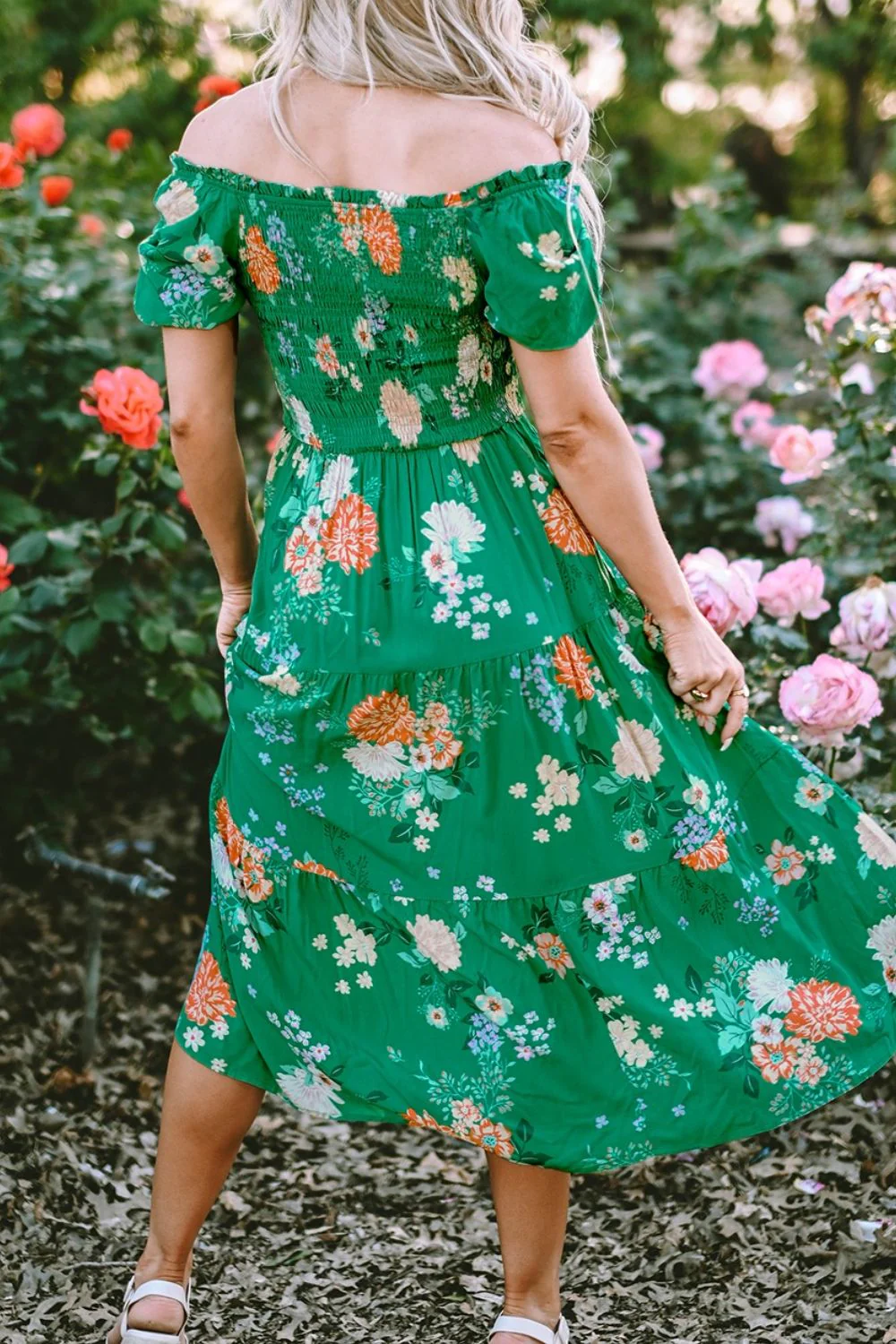 Floral Print Bubble Sleeve Smocked Tiered Midi Dress - Image 5