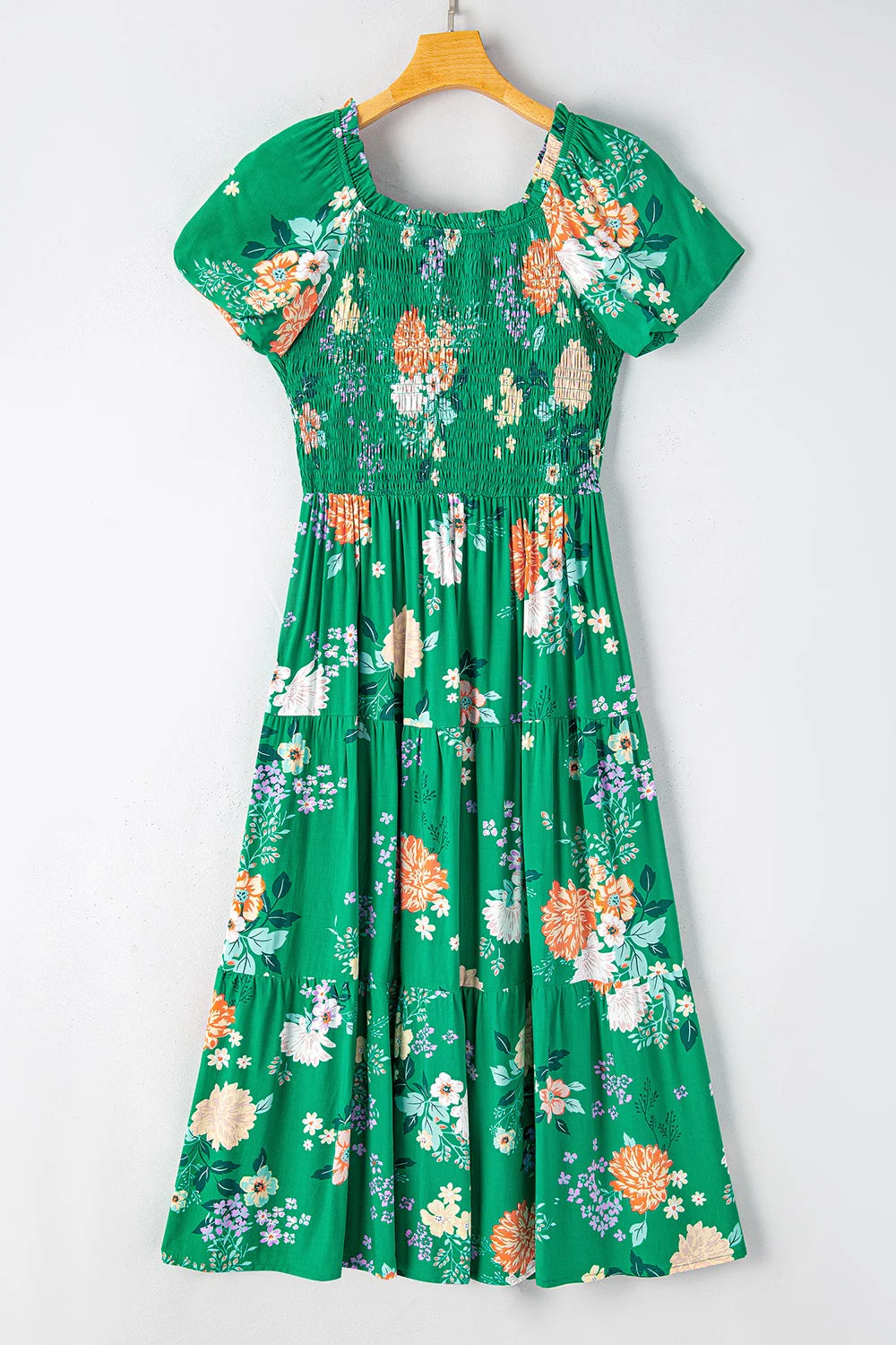 Floral Print Bubble Sleeve Smocked Tiered Midi Dress - Image 6