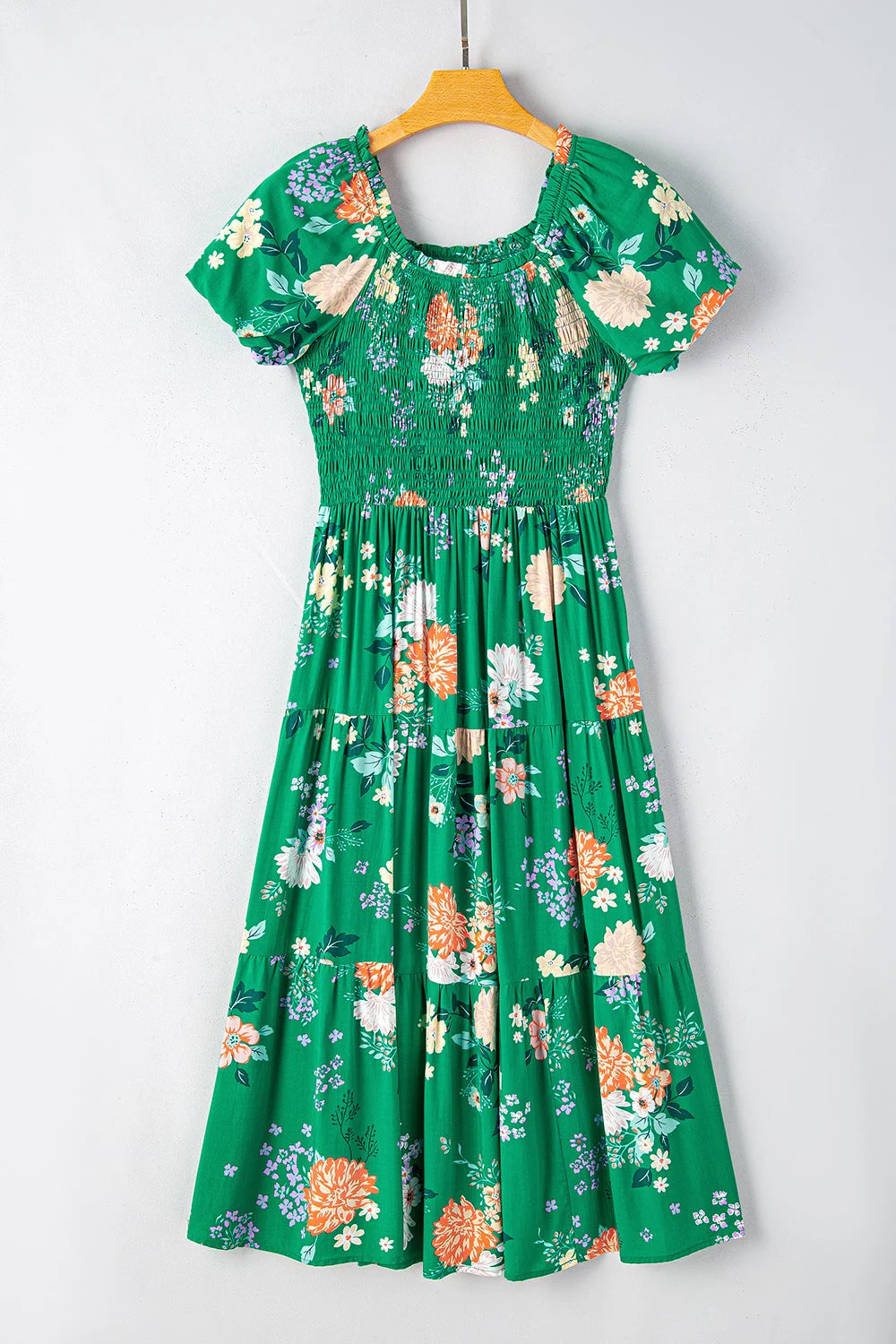 Floral Print Bubble Sleeve Smocked Tiered Midi Dress - Image 7
