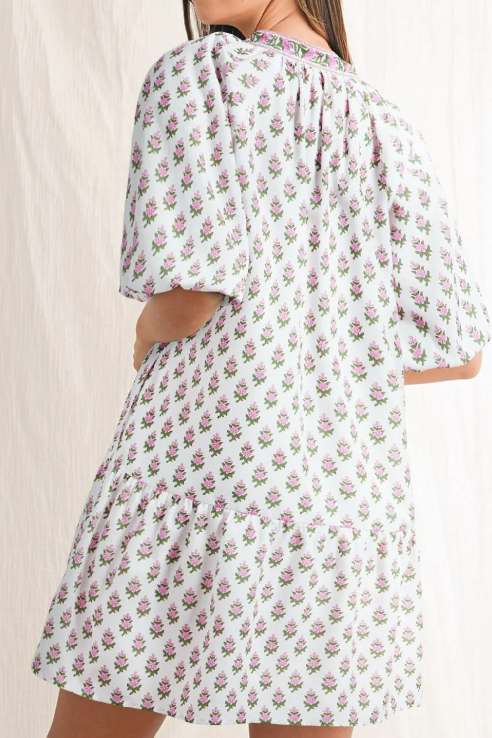 Floral Print Puff Sleeve Tie Neck Ruffled Hem Dress - Image 2