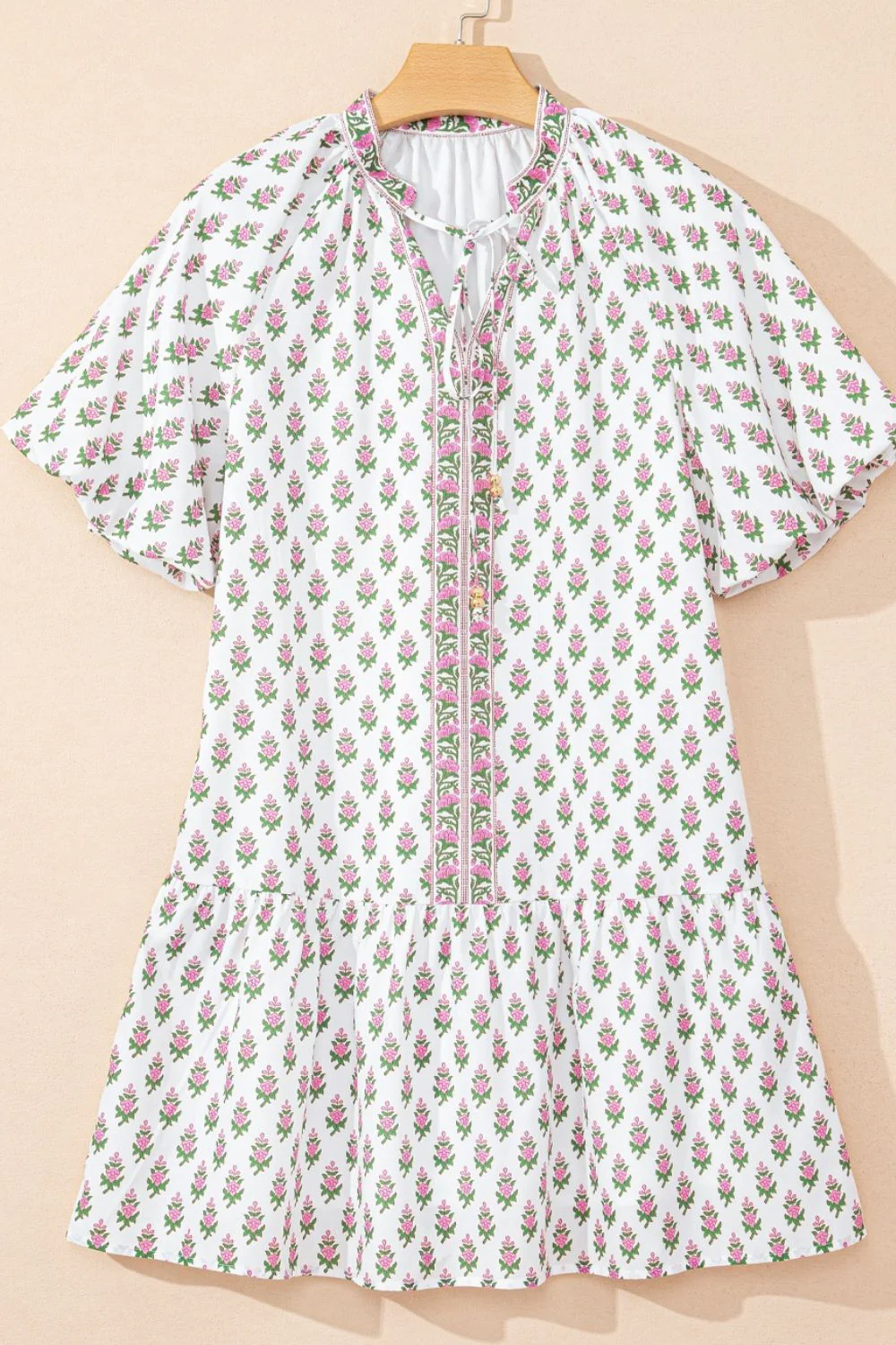 Floral Print Puff Sleeve Tie Neck Ruffled Hem Dress - Image 3