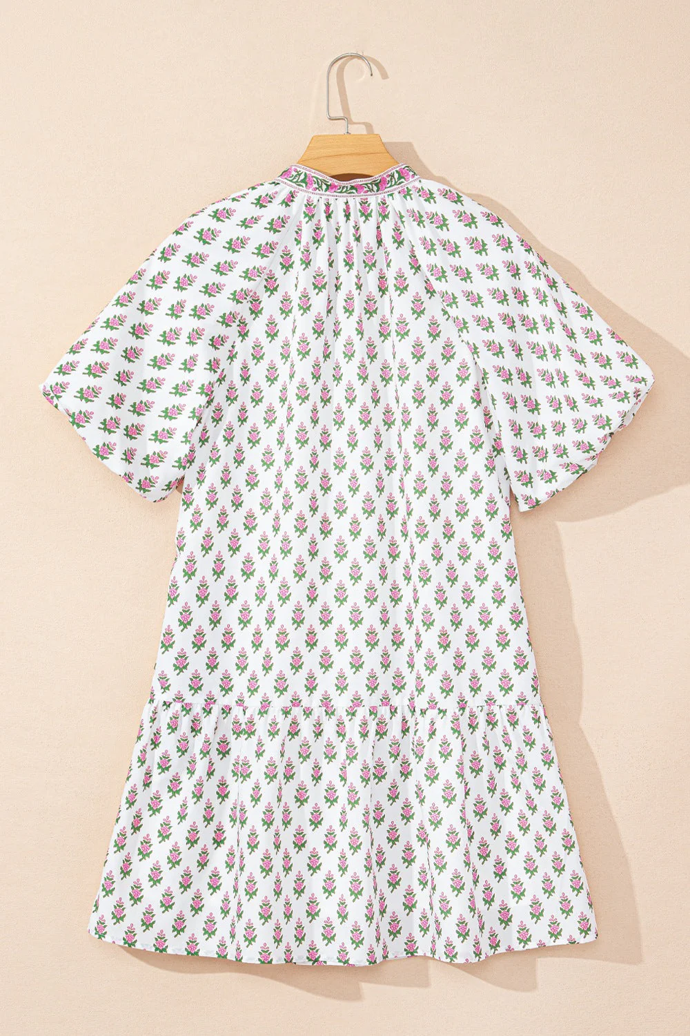 Floral Print Puff Sleeve Tie Neck Ruffled Hem Dress - Image 4