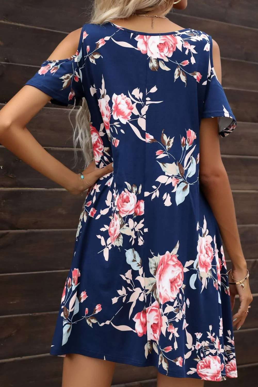 Floral Round Neck Cold-Shoulder Dress - Image 3