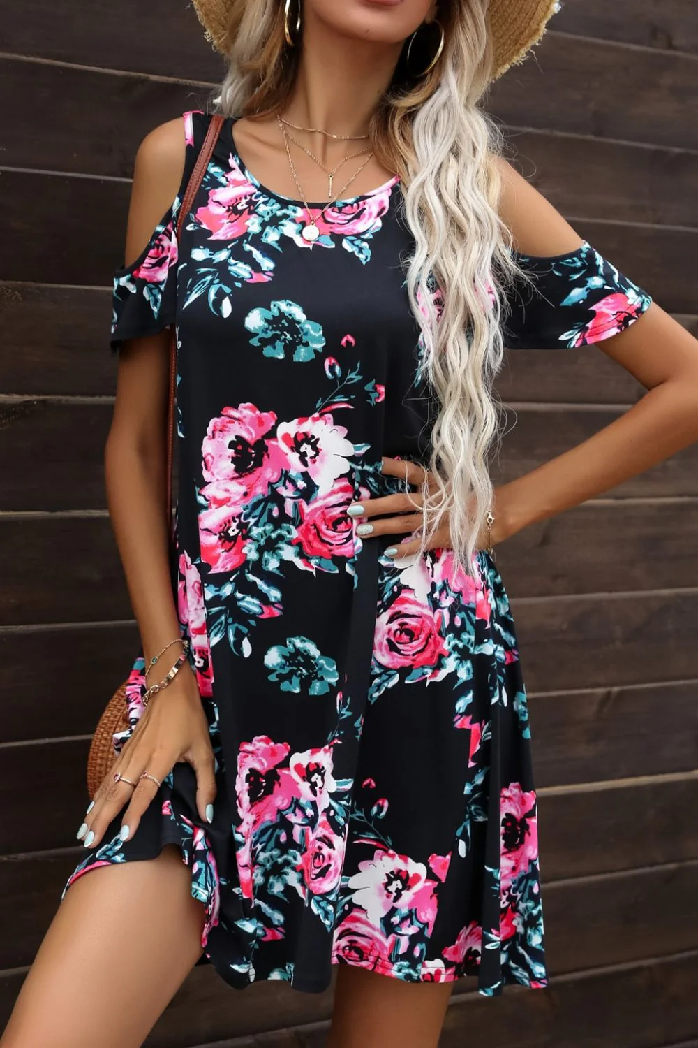 Floral Round Neck Cold-Shoulder Dress - Image 4